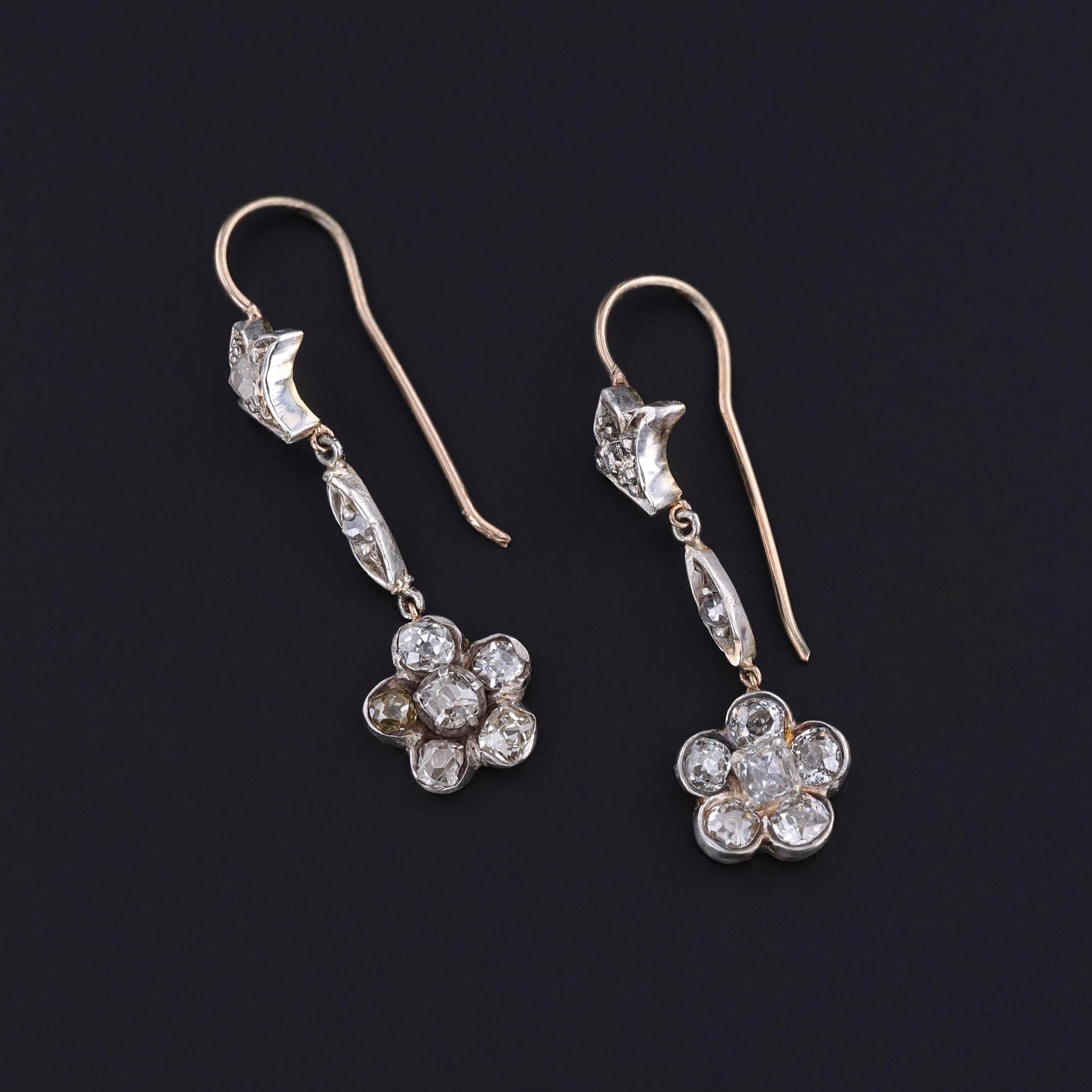 Victorian Antique Diamond Flower Earrings of Silver and 15ct Gold For Sale