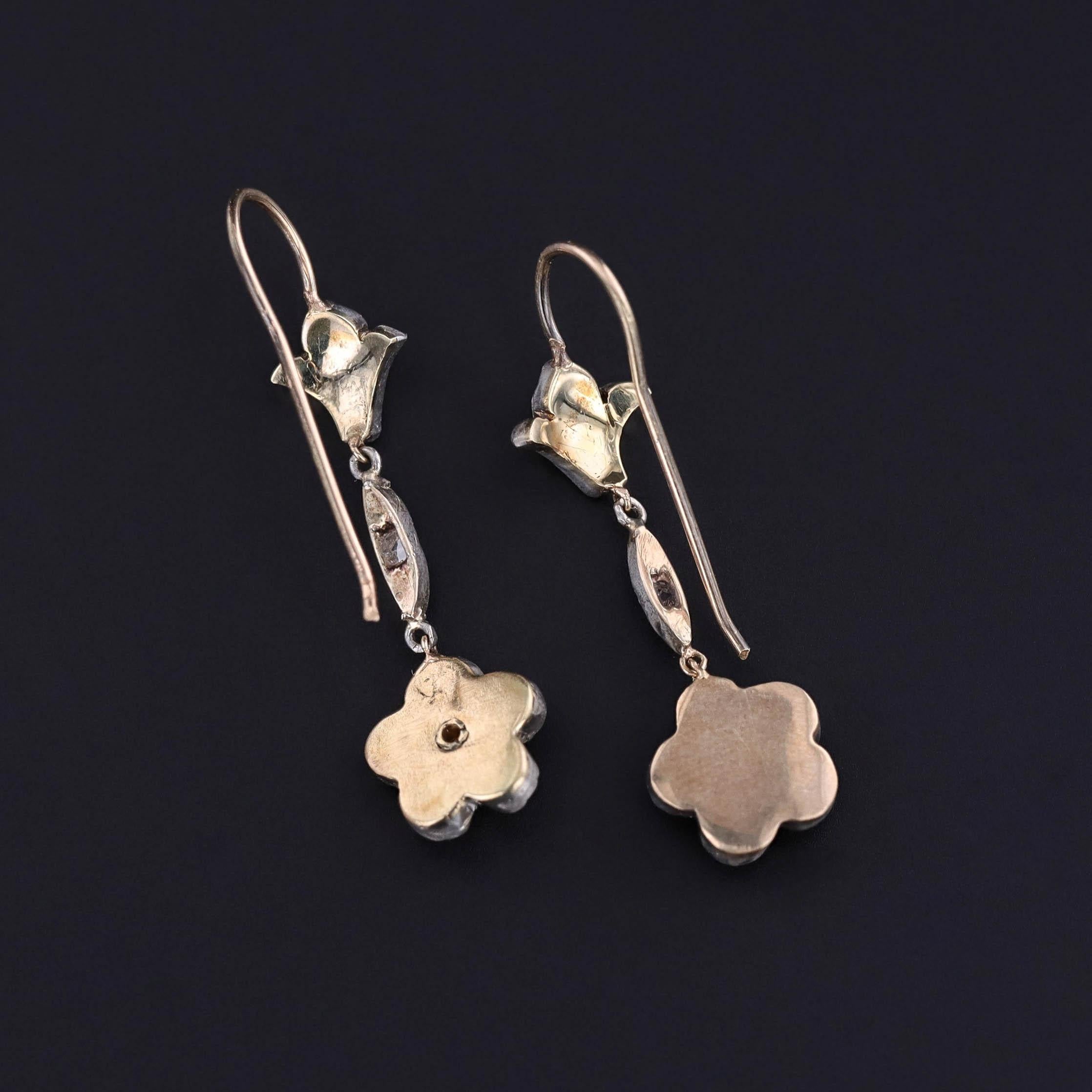 Old Mine Cut Antique Diamond Flower Earrings of Silver and 15ct Gold For Sale
