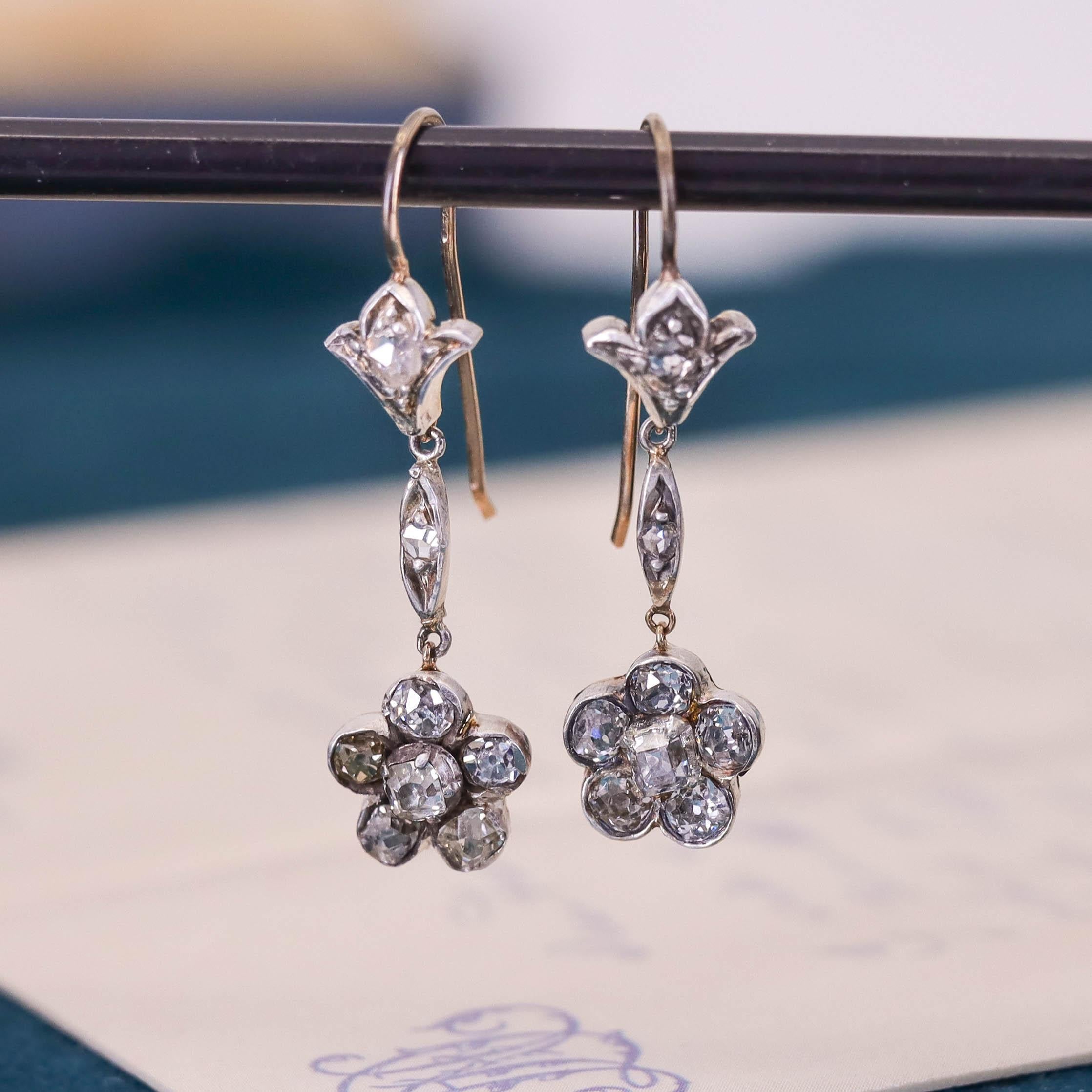 Women's or Men's Antique Diamond Flower Earrings of Silver and 15ct Gold For Sale