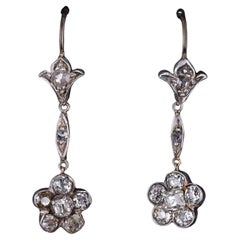 Antique Diamond Flower Earrings of Silver and 15ct Gold