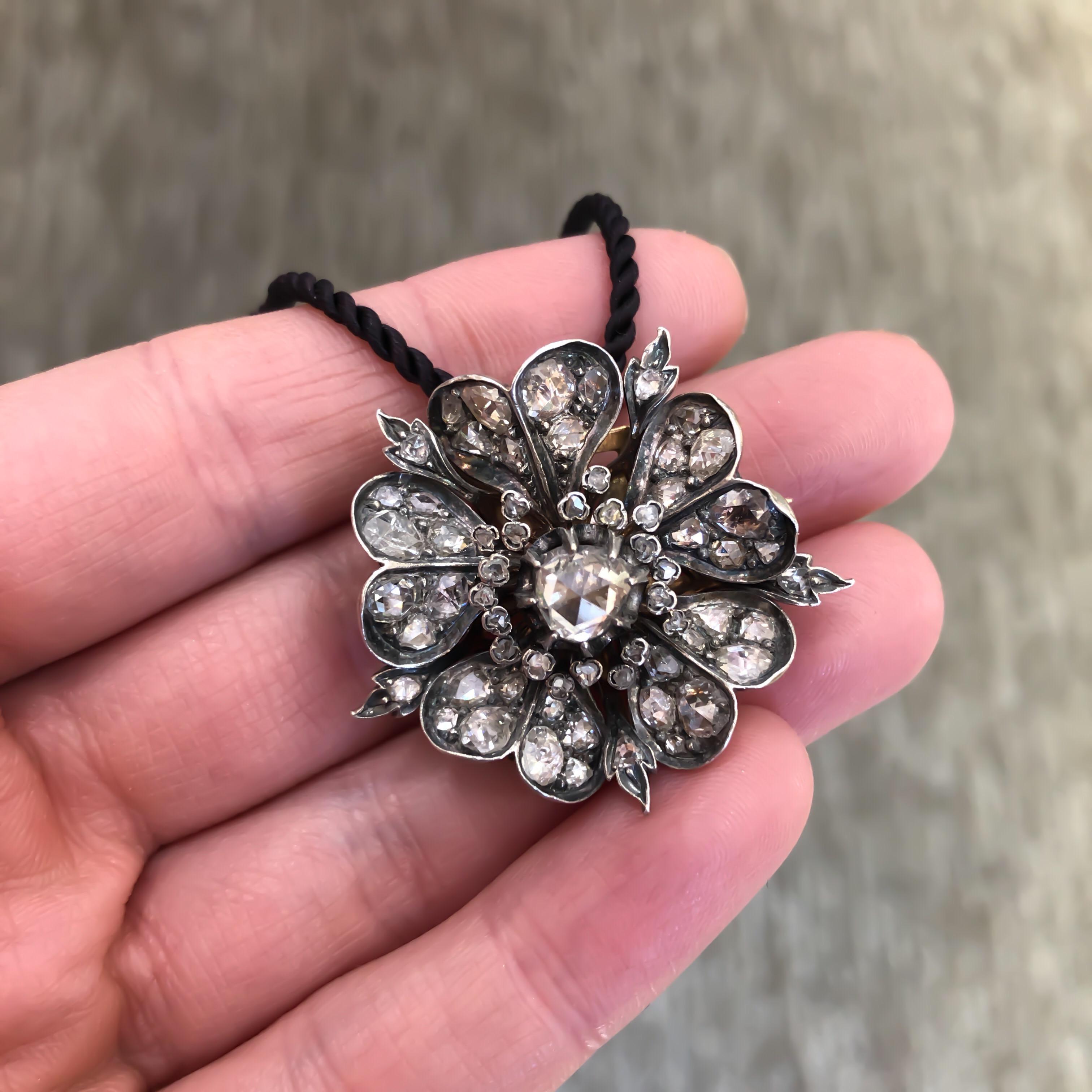 Rose Cut Antique Diamond Flower Pendant Brooch 6.95 Carat