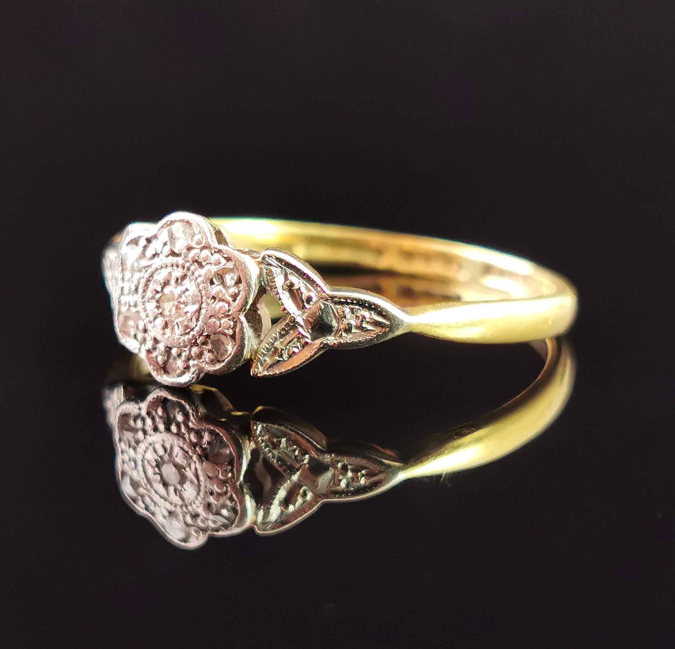Antique Diamond Flower Ring, 18 Karat Yellow Gold and Platinum 3