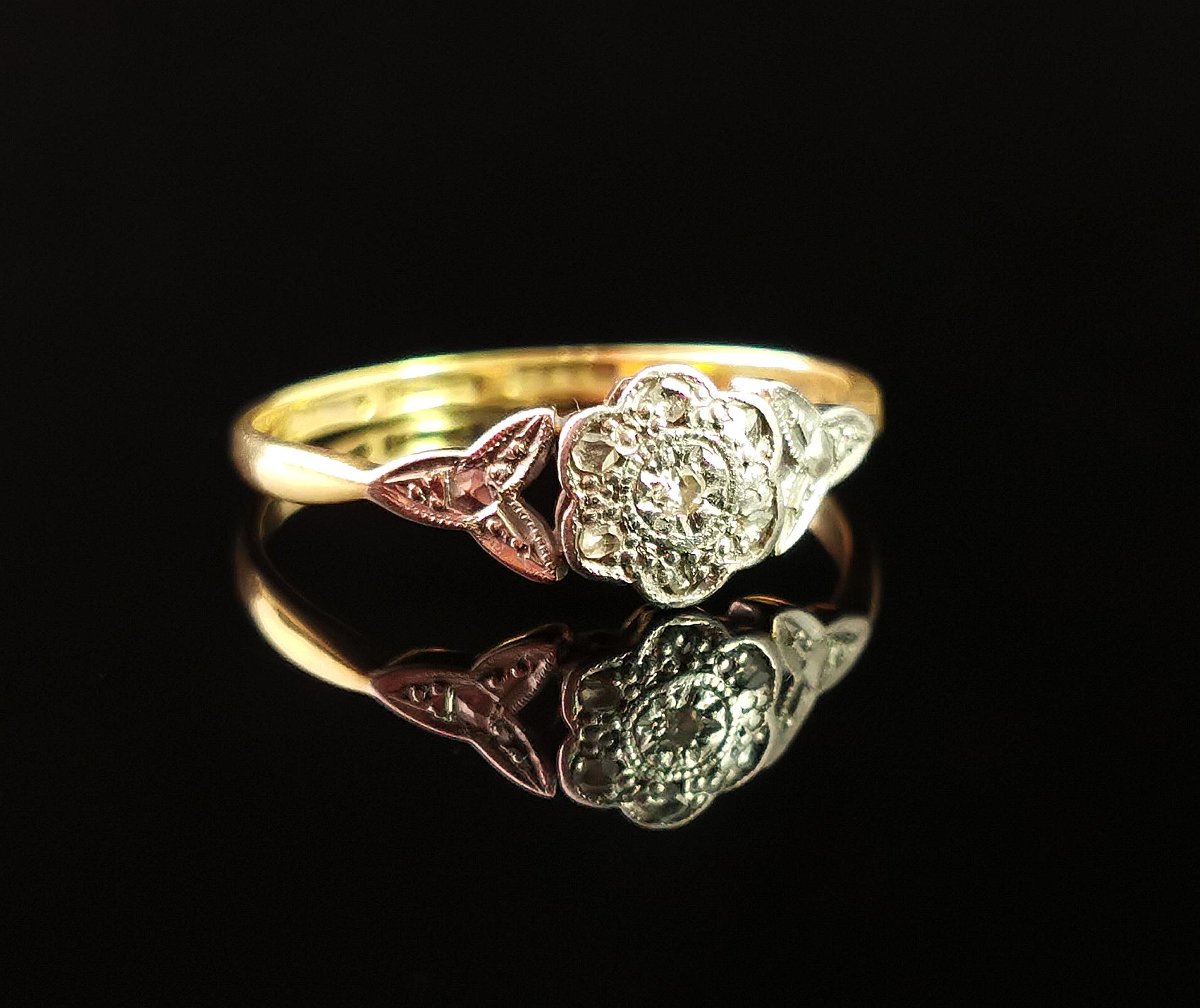 A stunning Antique, Art Nouveau diamond flower ring.

Crafted from rich 18 karat yellow gold and platinum.

It has a slender rich gold band leading up to the front platinum setting, it is designed as a flower in an illusion style, set with seven