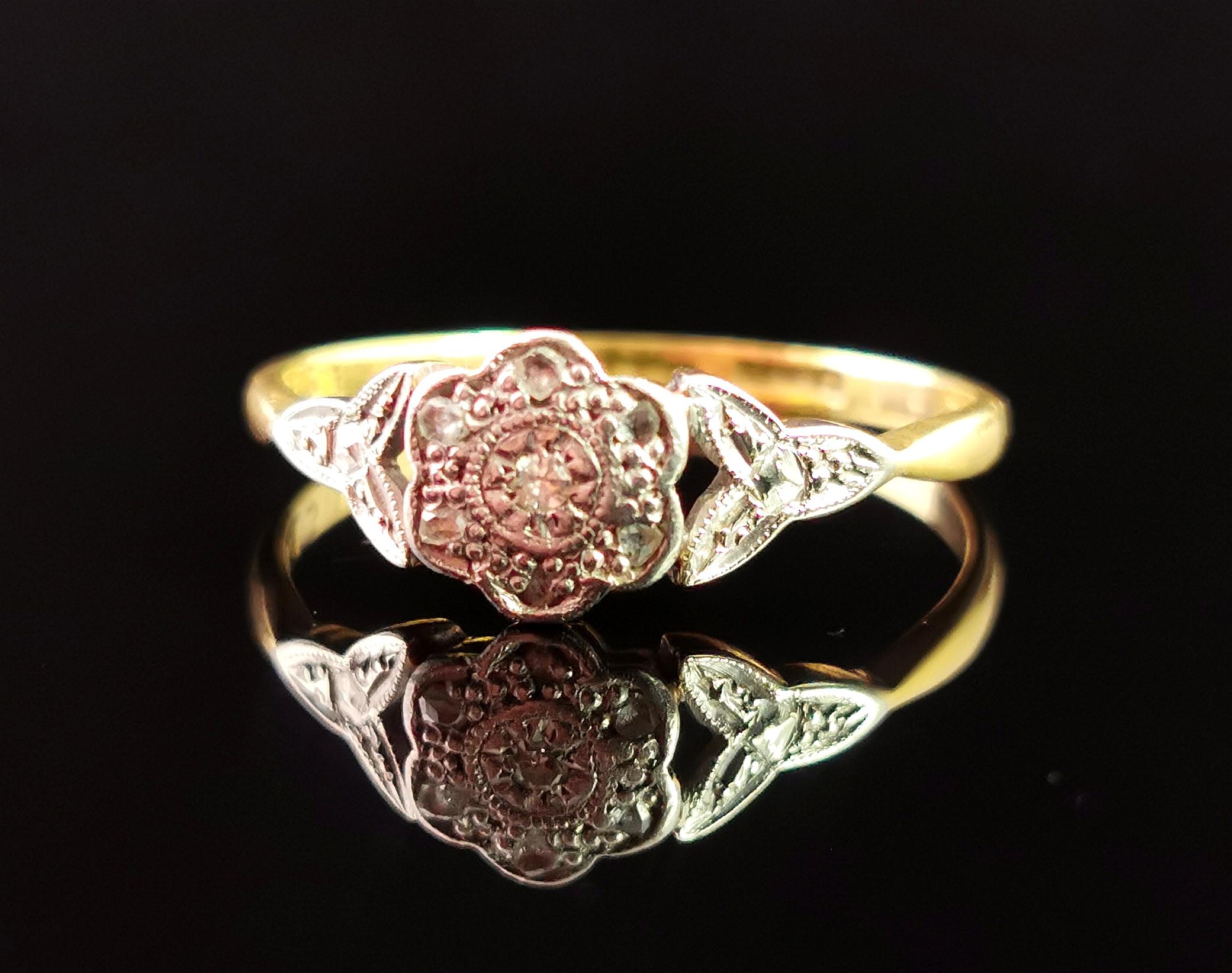 Women's Antique Diamond Flower Ring, 18 Karat Yellow Gold and Platinum
