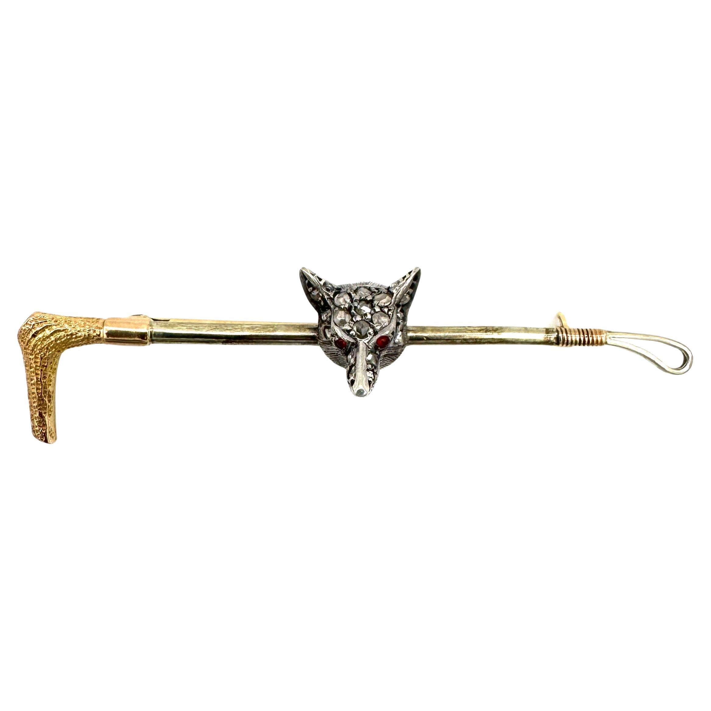 Antico diamante Testa di volpe su cavallo Spilla Spilla Oro Argento Rosa Diamanti in vendita