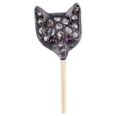 Antique Diamond Fox Stickpin of Silver and 14k Gold