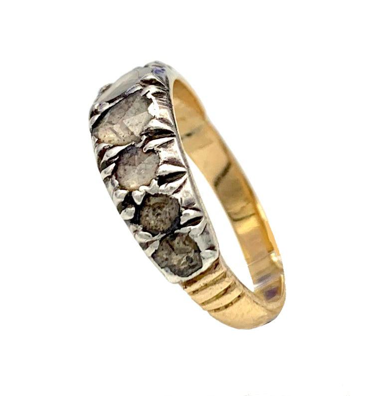 Old Mine Cut Antique Diamond French Empire 18 Karat Gold Silver Oldmine Band Ring  For Sale