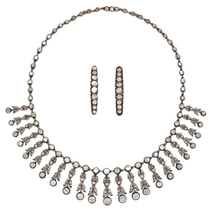 Antica suite di collana e orecchini con frangia di diamanti, circa 1880 in vendita