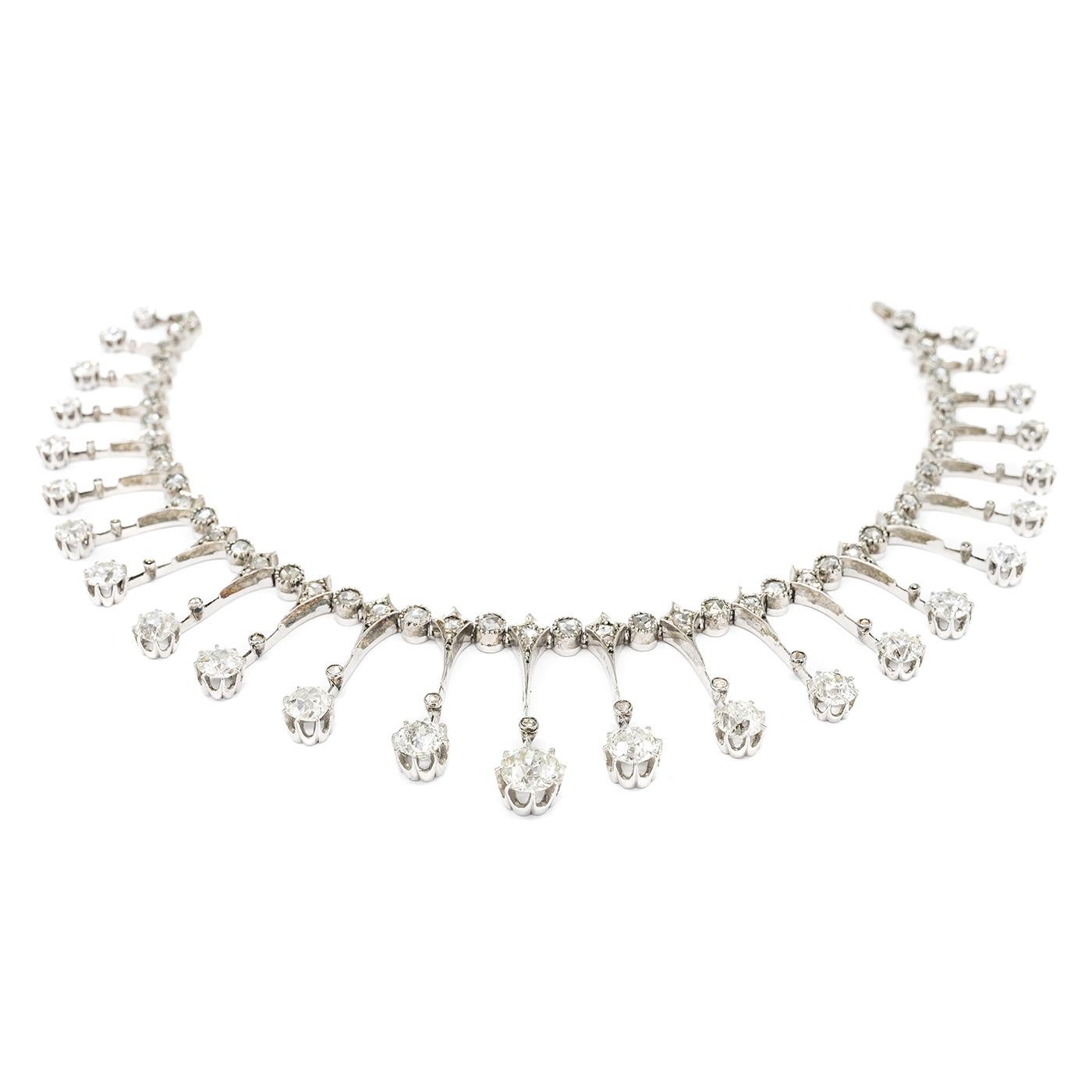 Old Mine Cut Antique Diamond Fringe Tiara Necklace, Silver Upon Gold, circa 1910 For Sale