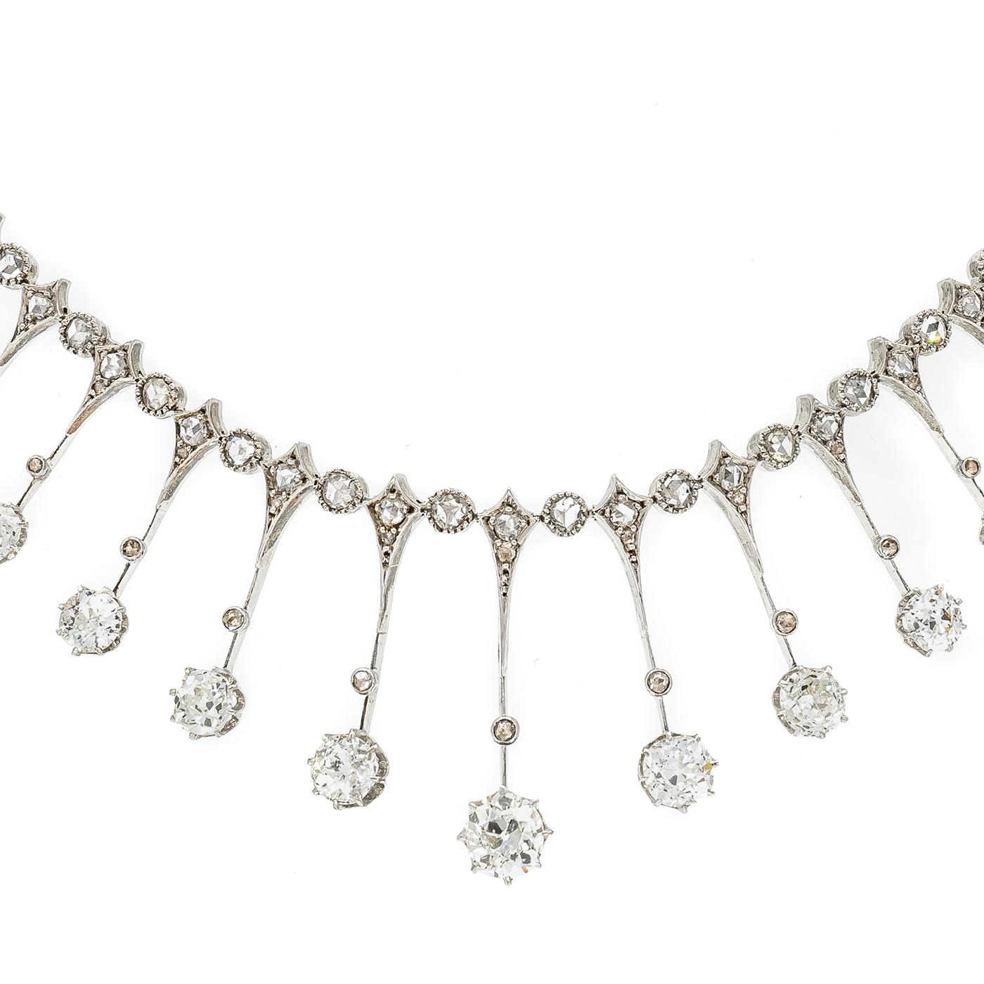 Antique Diamond Fringe Tiara Necklace, Silver Upon Gold, circa 1910 In Good Condition For Sale In London, GB