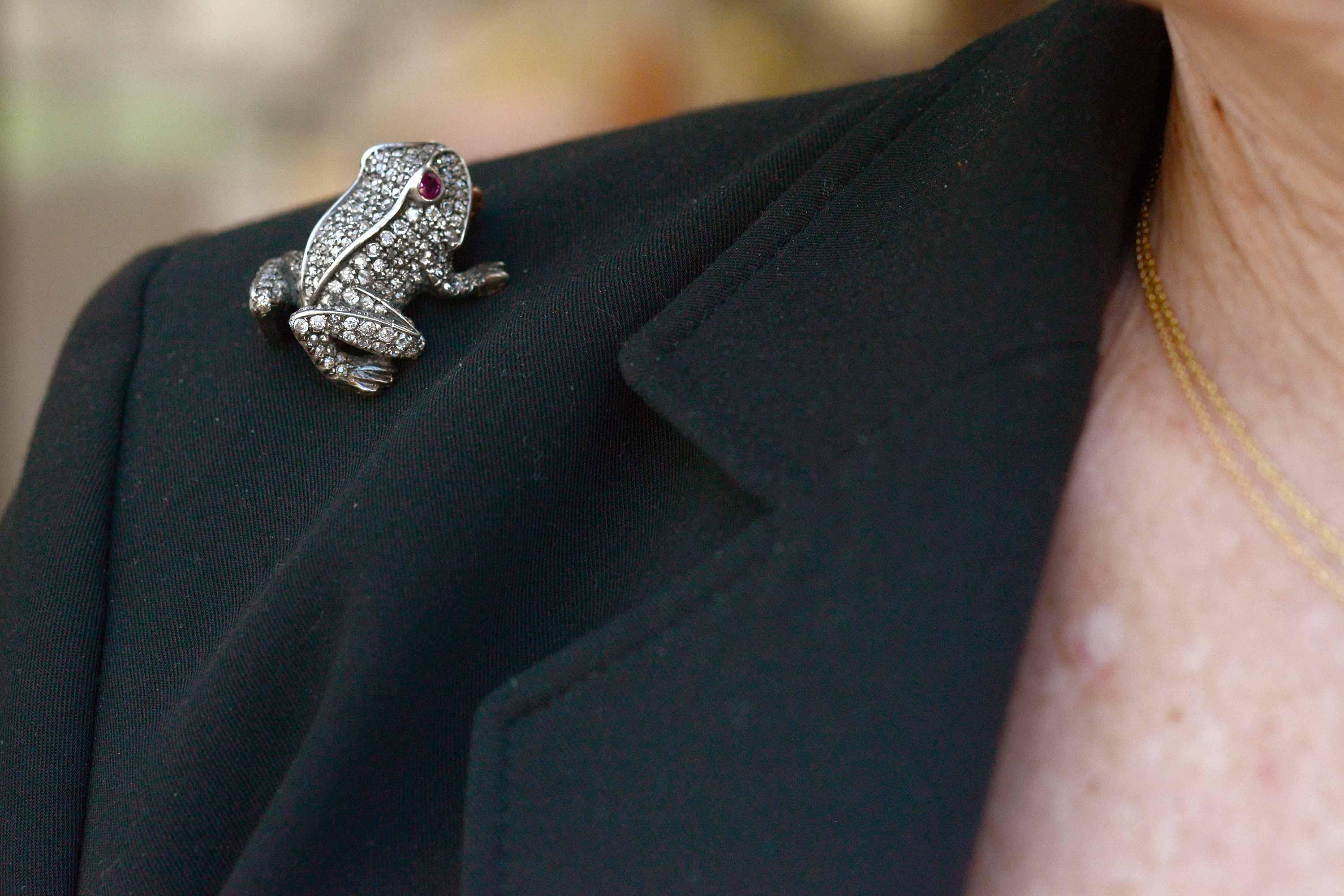The Louisiana antique diamond frog pin brooch is a fantastic example in the Art Nouveau naturalist style. The pave' setting with numerous old mine, European, Peruzzi and rose cut diamonds together over 2 carats of old world diamonds that glitter and