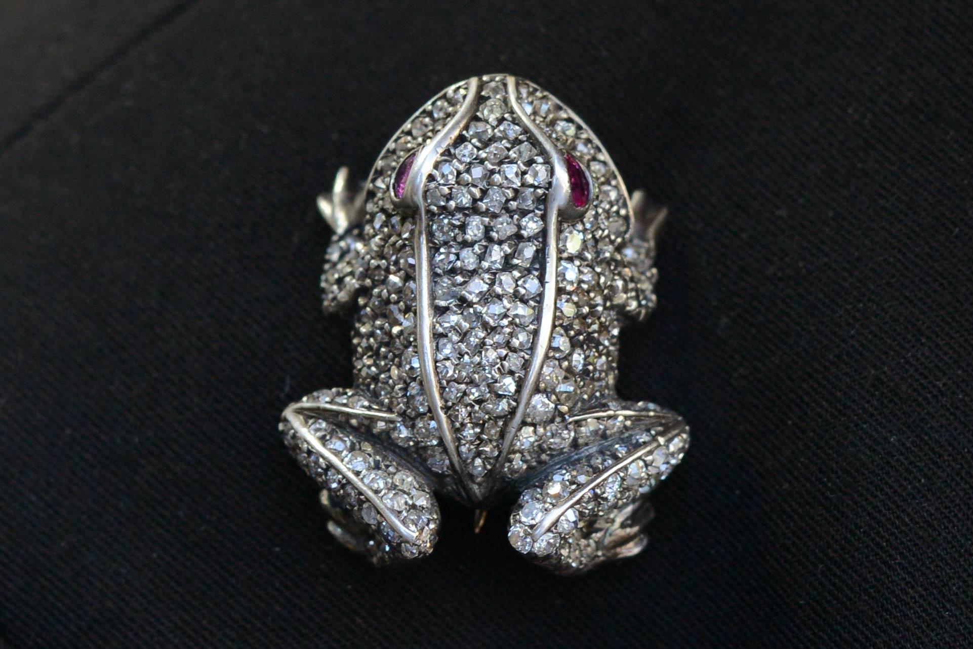 Old Mine Cut Antique Diamond Frog Pin Brooch Ruby Eyes Toad 2 Carats Old Mine European Rose