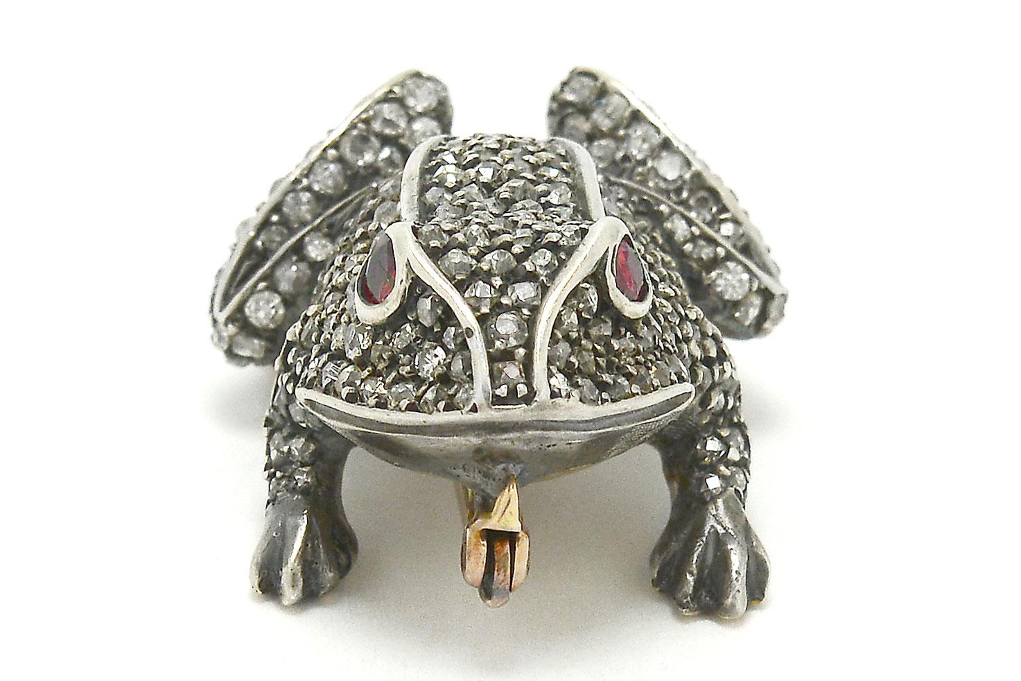 Women's Antique Diamond Frog Pin Brooch Ruby Eyes Toad 2 Carats Old Mine European Rose