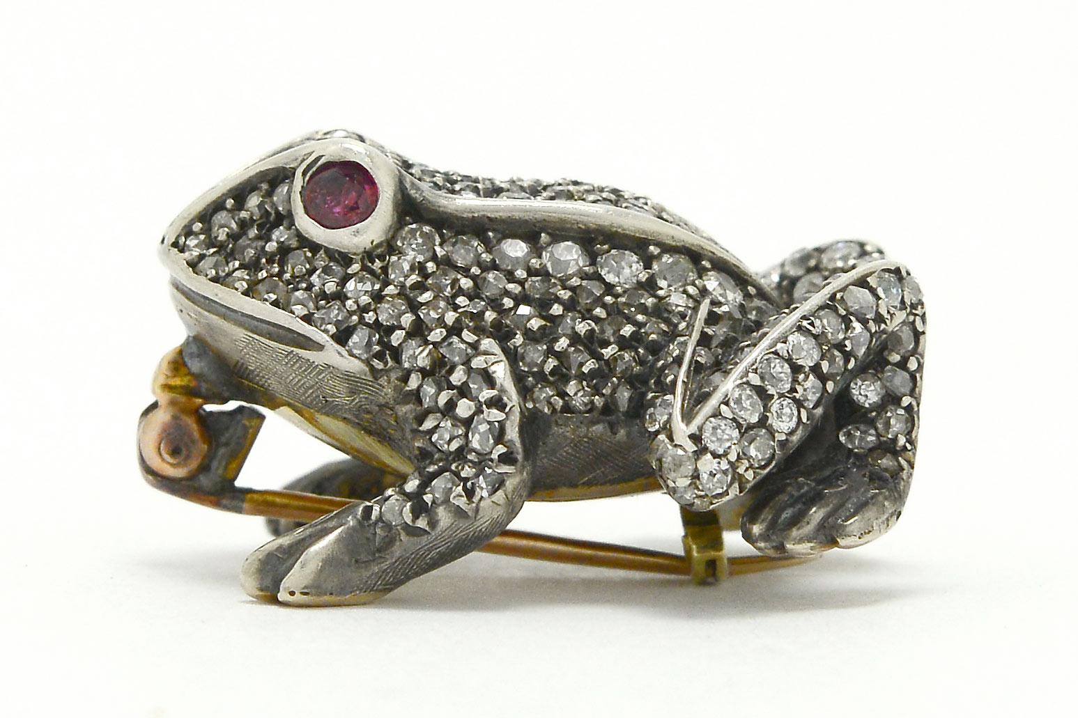 Antique Diamond Frog Pin Brooch Ruby Eyes Toad 2 Carats Old Mine European Rose 1