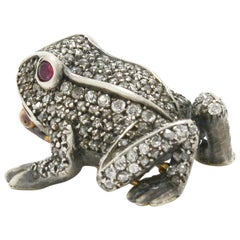 Antique Diamond Frog Pin Brooch Ruby Eyes Toad 2 Carats Old Mine European Rose