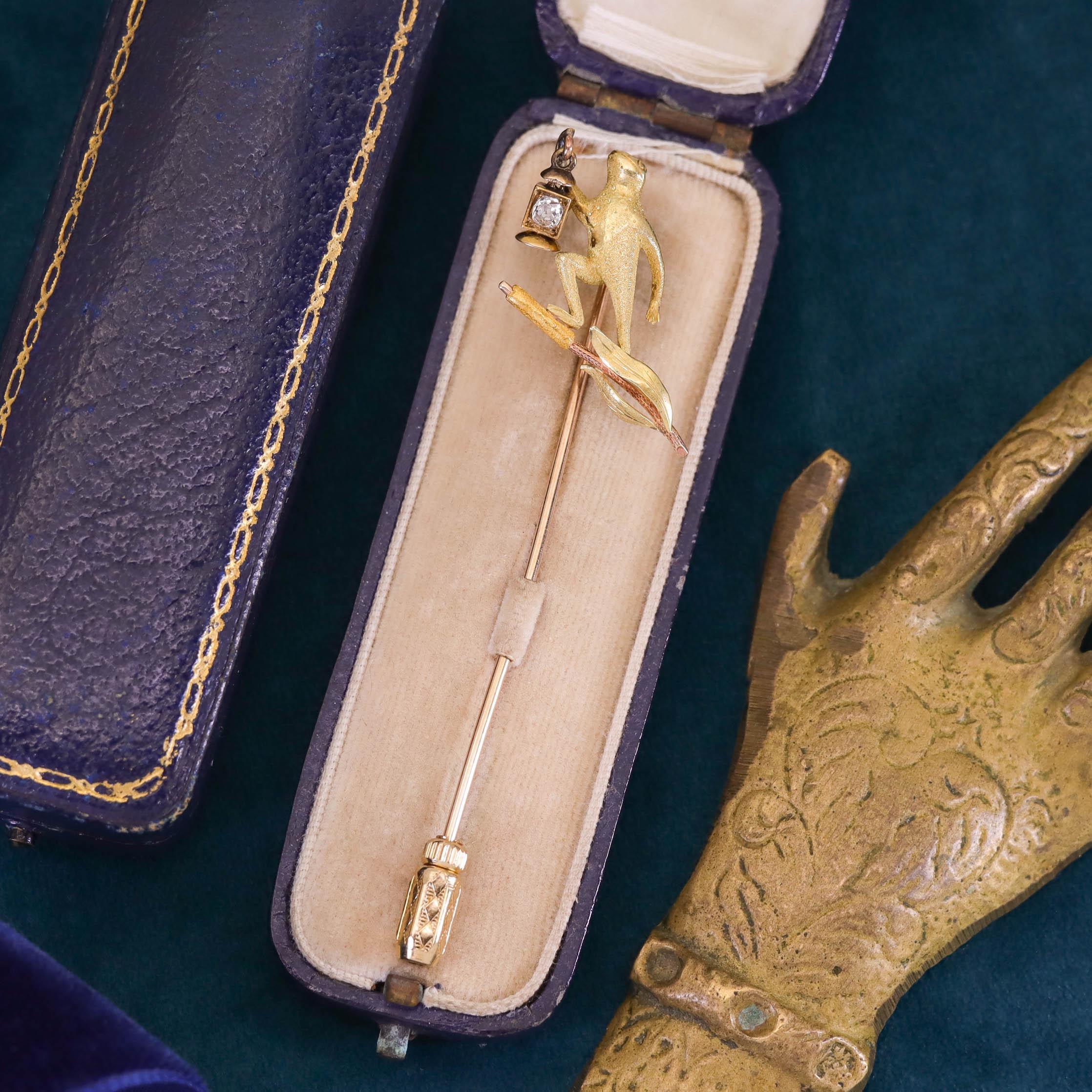 Antike Diamant-Frosch-Anstecknadel aus 14k Gold im Zustand „Gut“ im Angebot in Lewisburg, PA