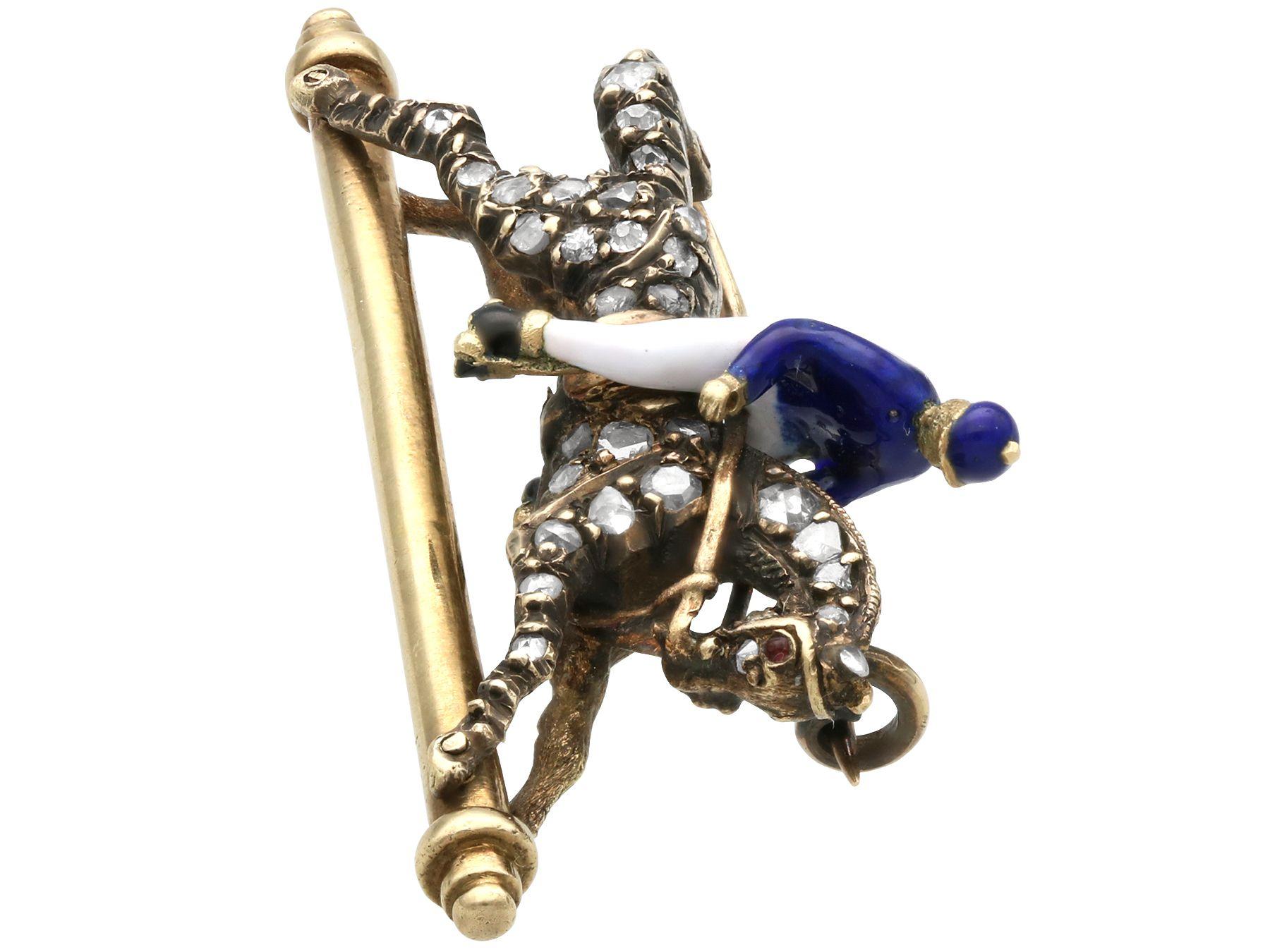 Victorian Antique Diamond Garnet and Enamel Yellow Gold Horse and Jockey Brooch For Sale