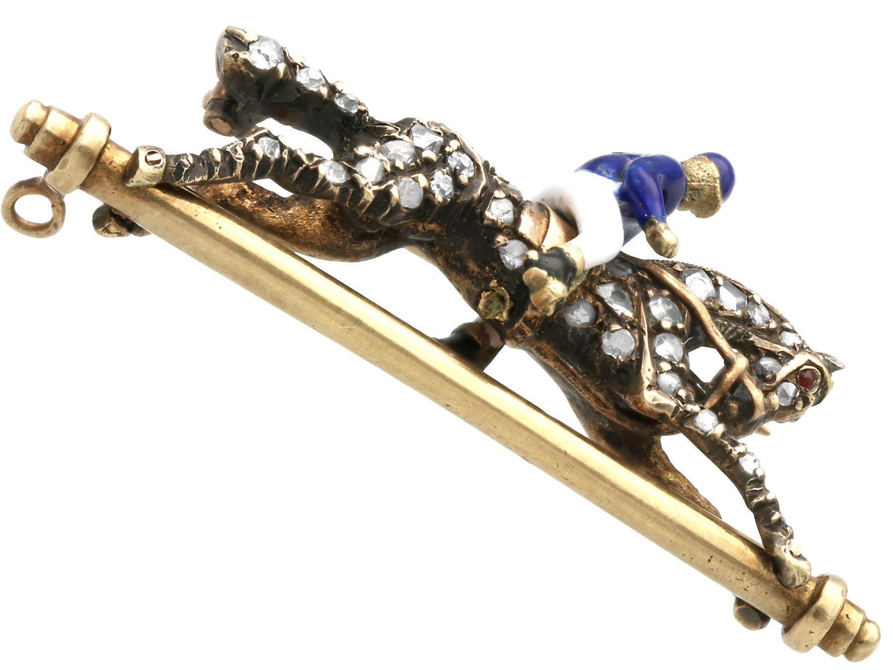 Cabochon Antique Diamond Garnet and Enamel Yellow Gold Horse and Jockey Brooch For Sale