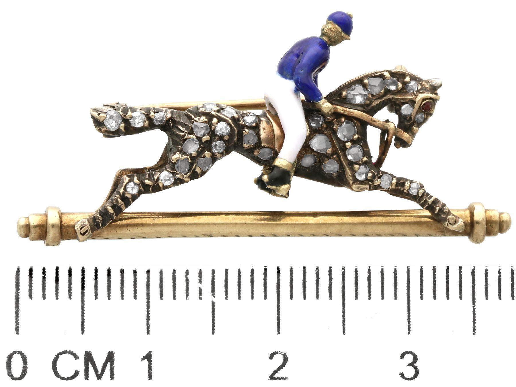 Antique Diamond Garnet and Enamel Yellow Gold Horse and Jockey Brooch For Sale 1