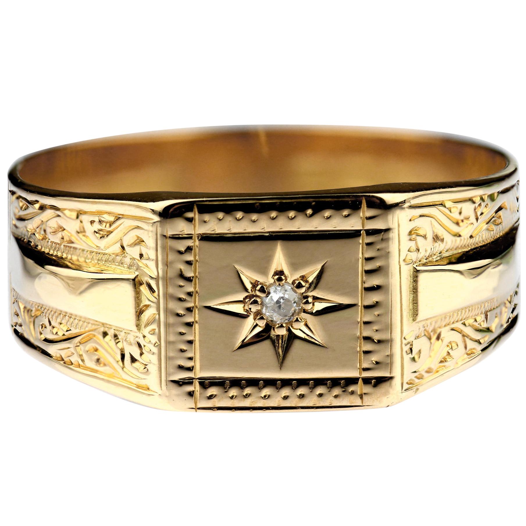 Antique Diamond Gentleman Signet Ring, 18 Carat Gold British Hallmarked 1864
