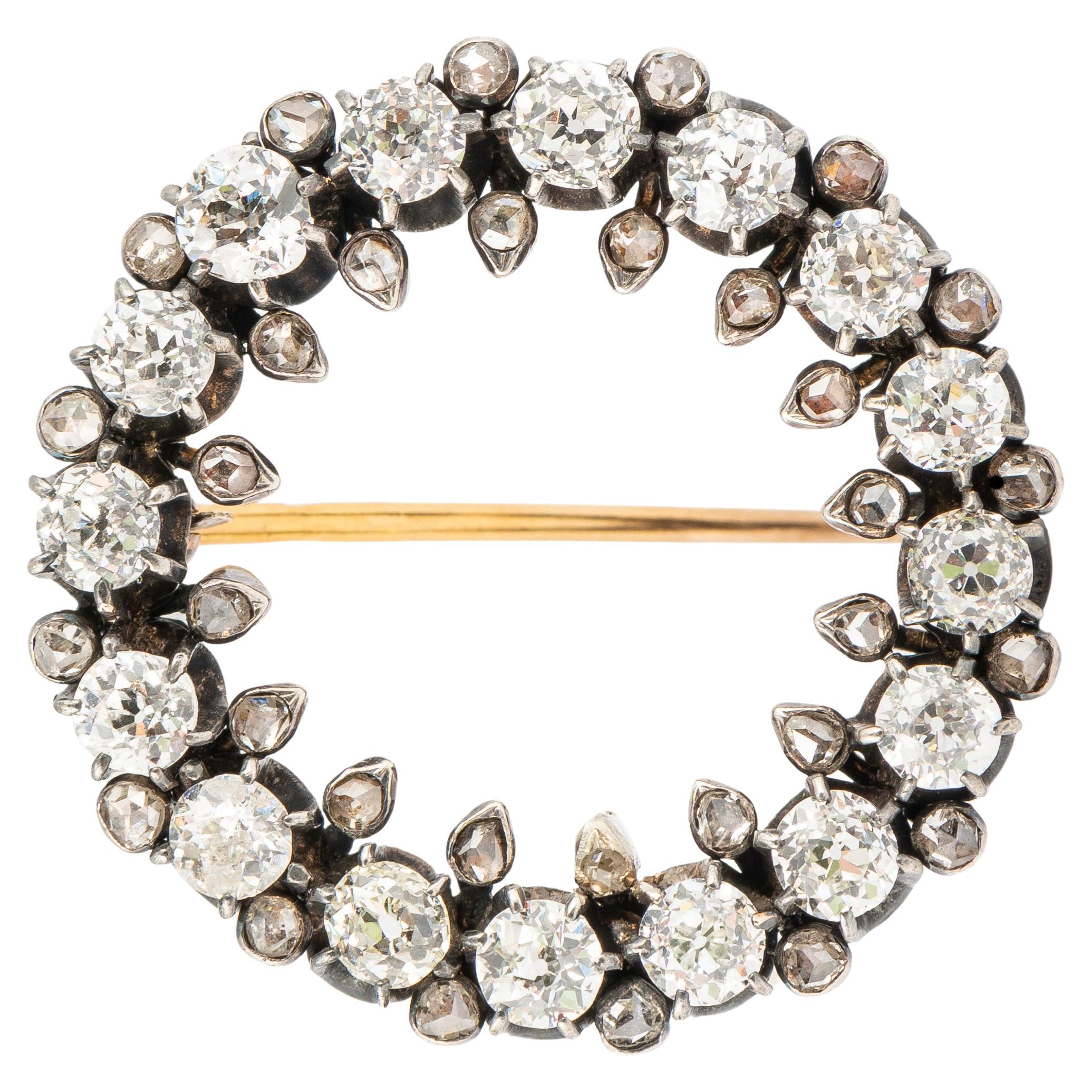 Antique Diamond Gold Circle Brooch, 19th Century For Sale