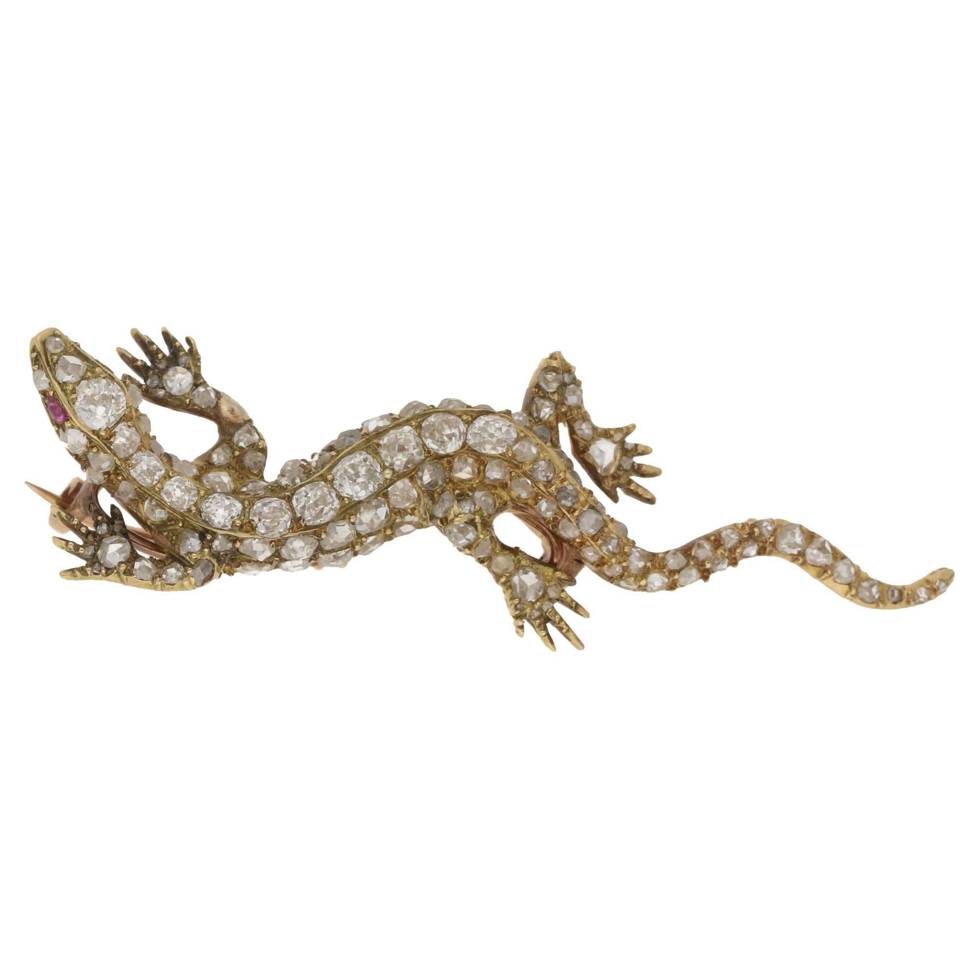 Antique Diamond Gold Lizard Brooch