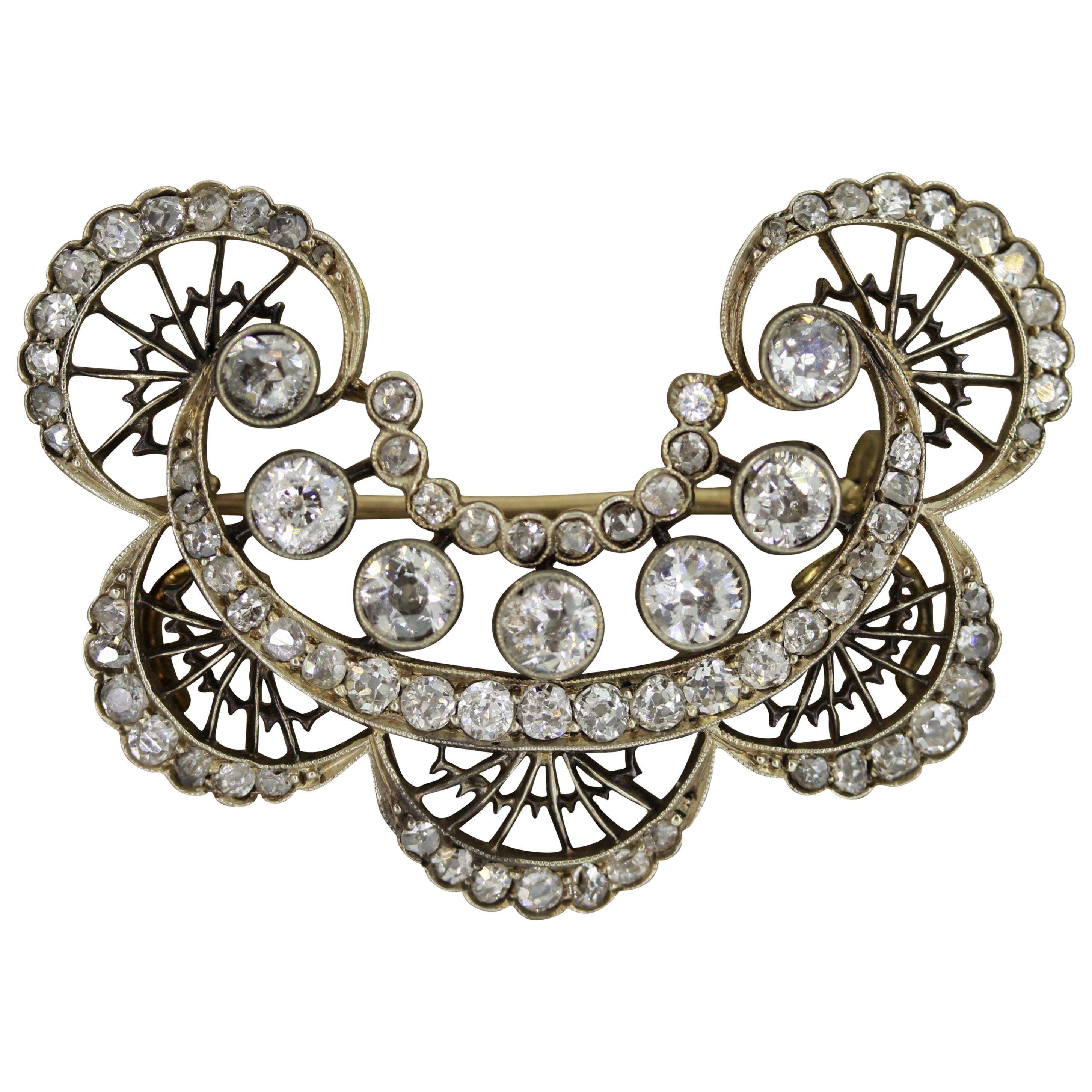Antique Diamond Gold Silver-Topped Brooch