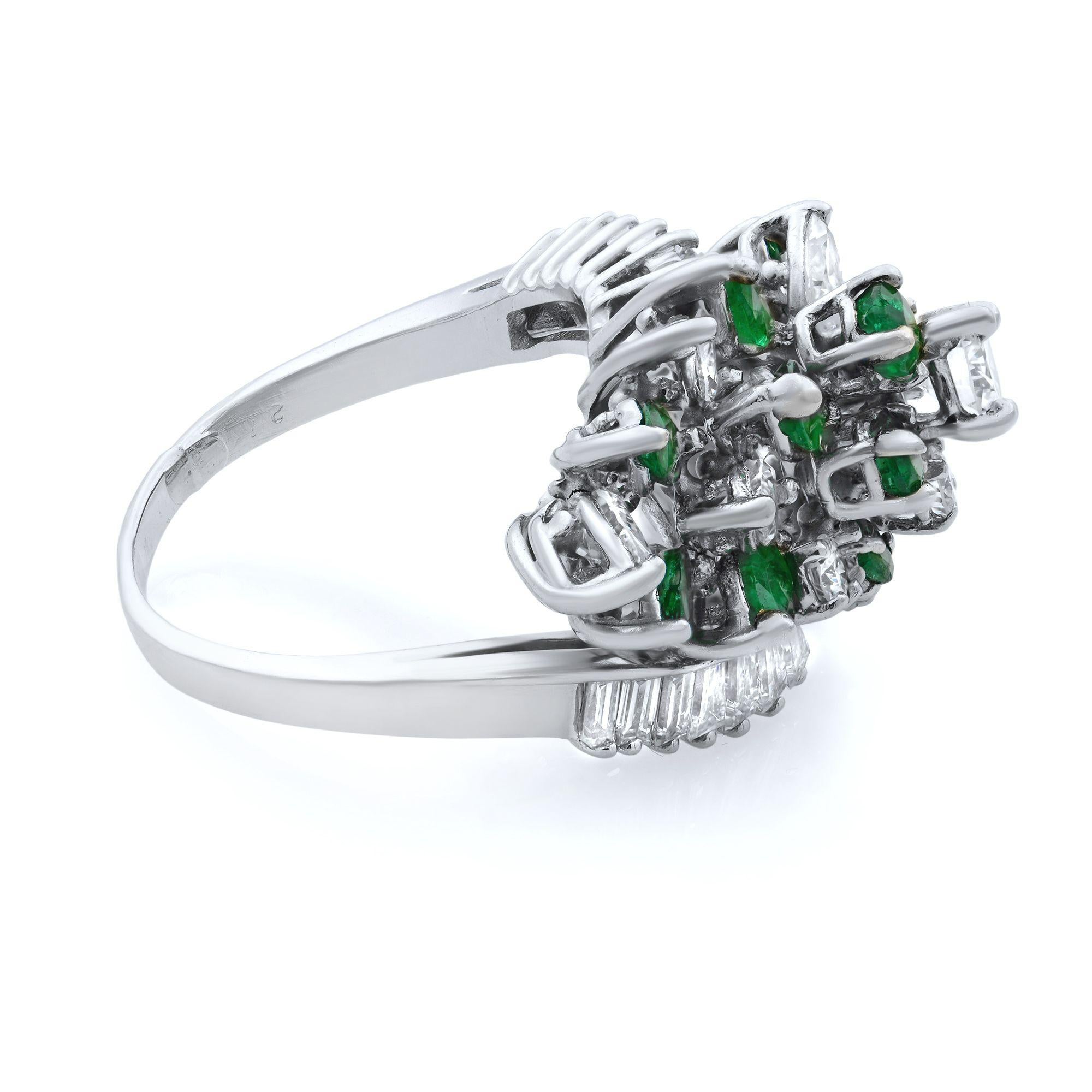 Emerald Cut Antique Diamond Green Emerald Cocktail Ring in Platinum For Sale