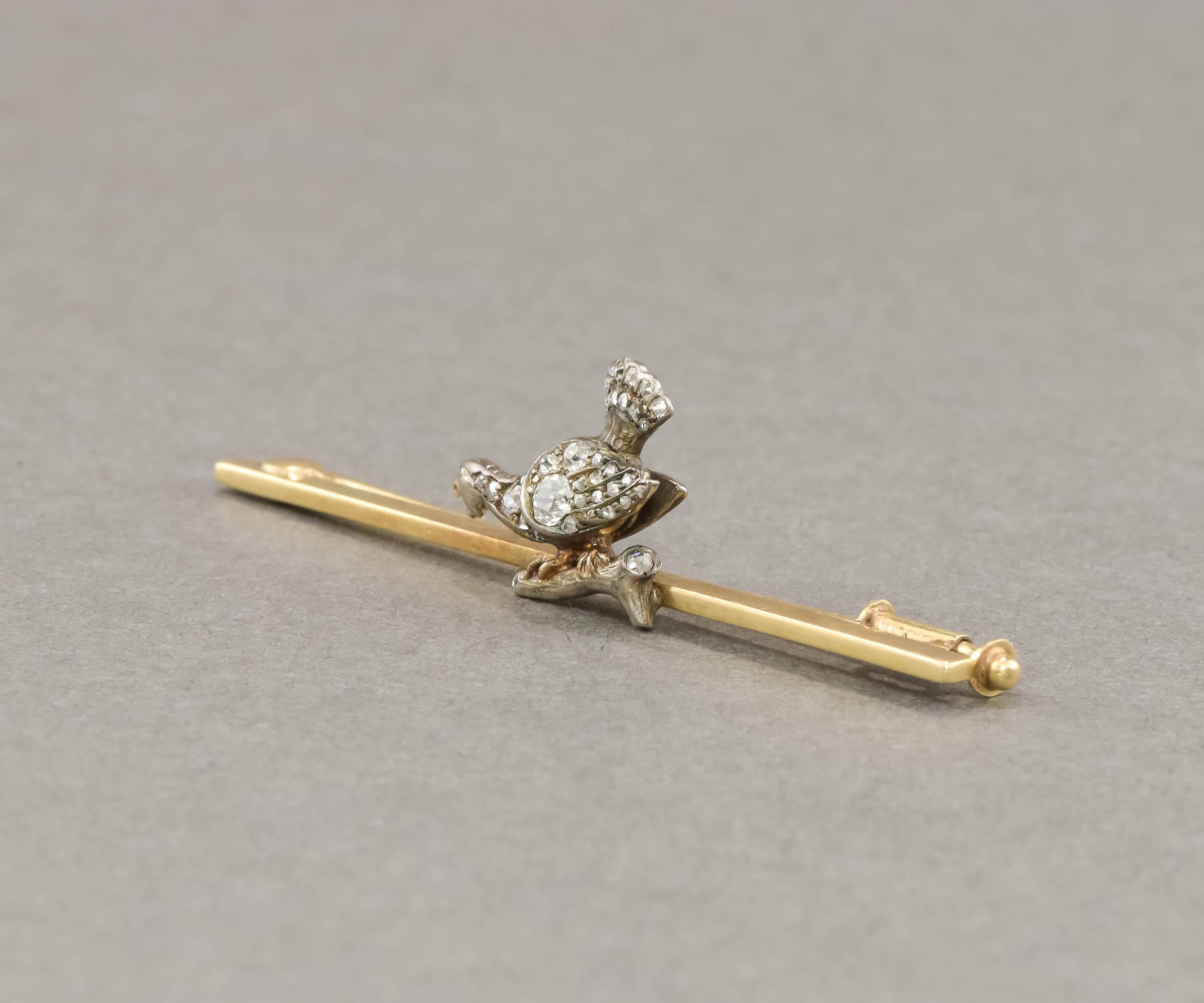 Victorian Antique Diamond Grouse Bird Capercaillie Brooch Pin in 14K Gold & Silver For Sale