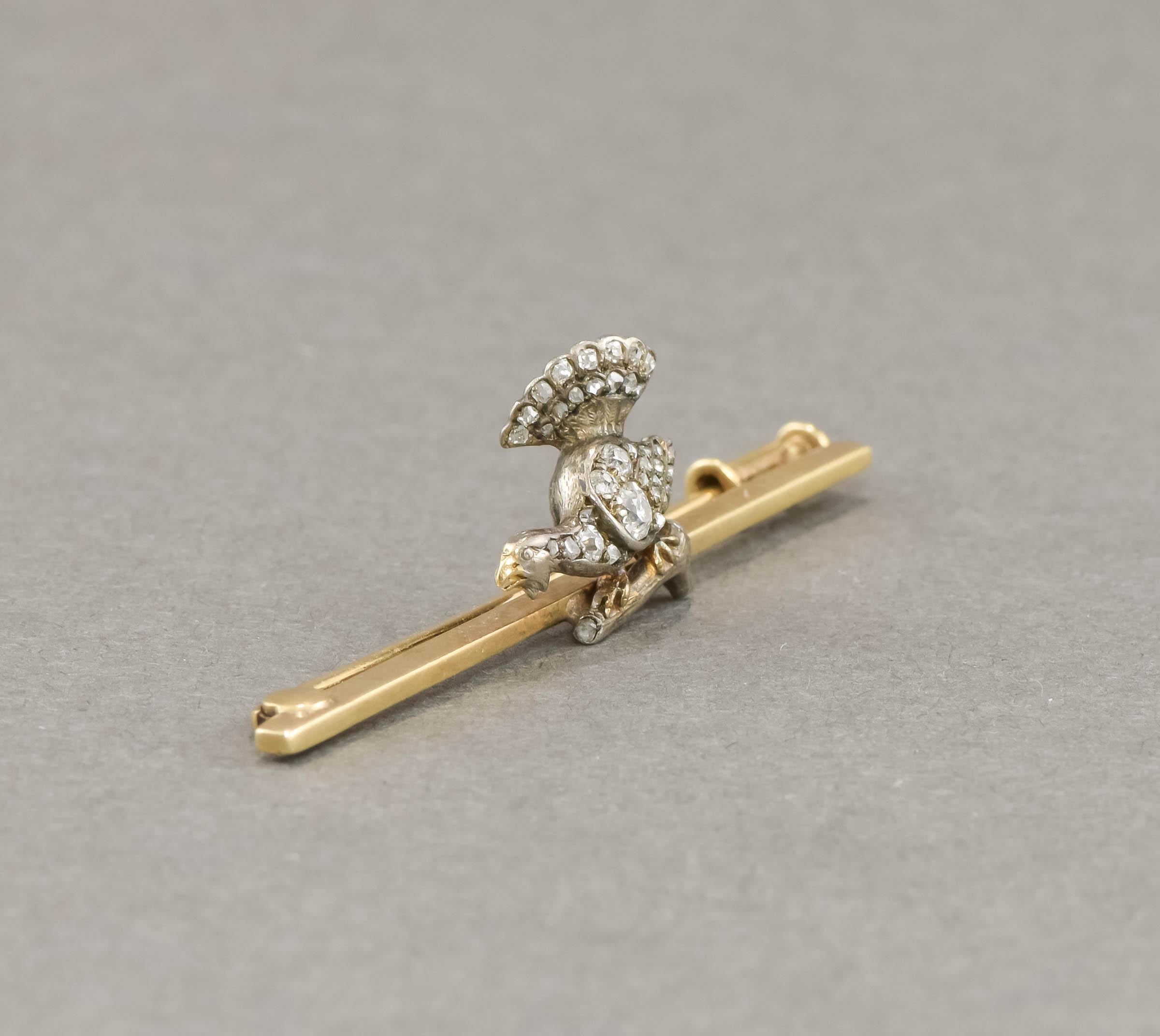 Antique Diamond Grouse Bird Capercaillie Brooch Pin in 14K Gold & Silver In Good Condition For Sale In Danvers, MA