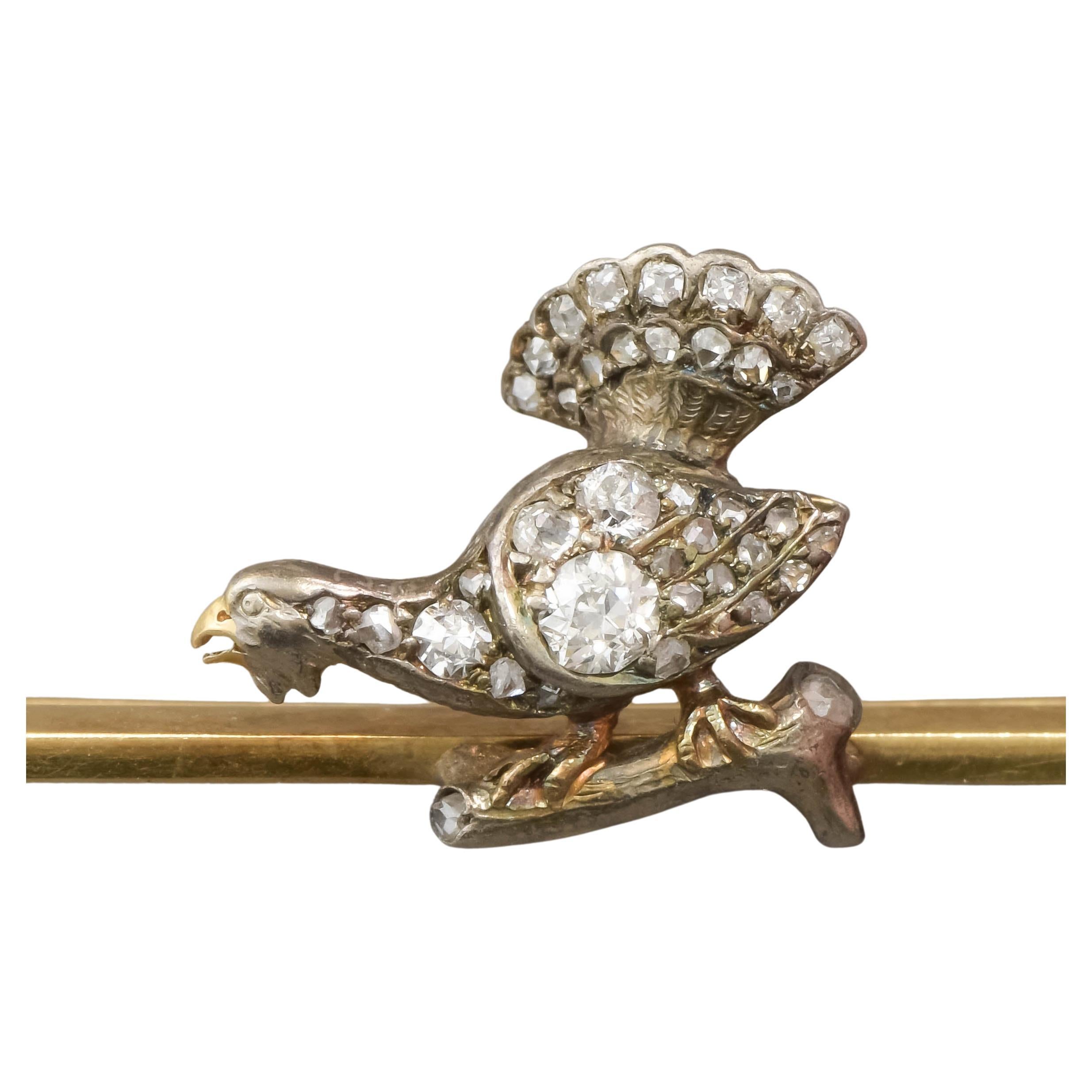 Antique Diamond Grouse Bird Capercaillie Brooch Pin in 14K Gold & Silver For Sale