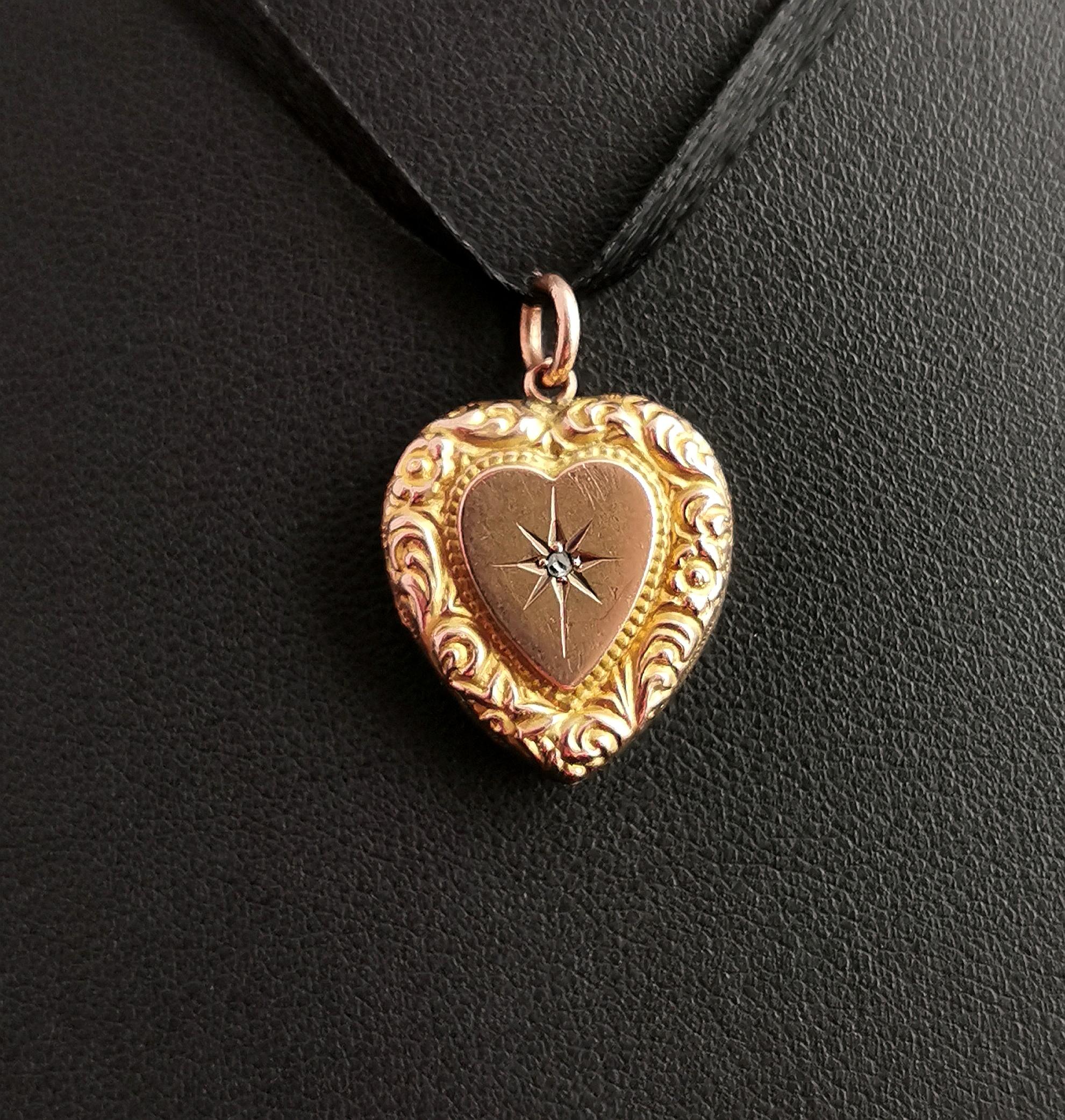 Antique Diamond Heart Pendant, 9k Yellow Gold, Locket Back  1