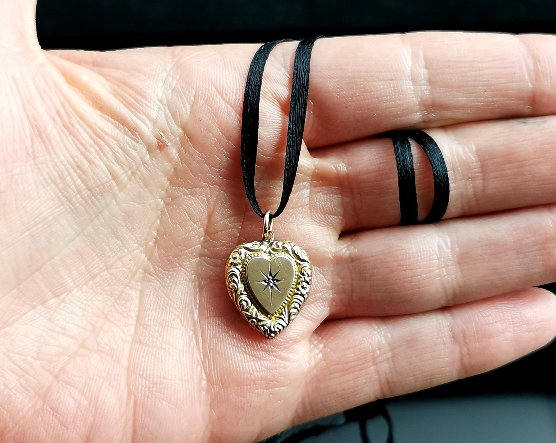 Antique Diamond Heart Pendant, 9k Yellow Gold, Locket Back  2