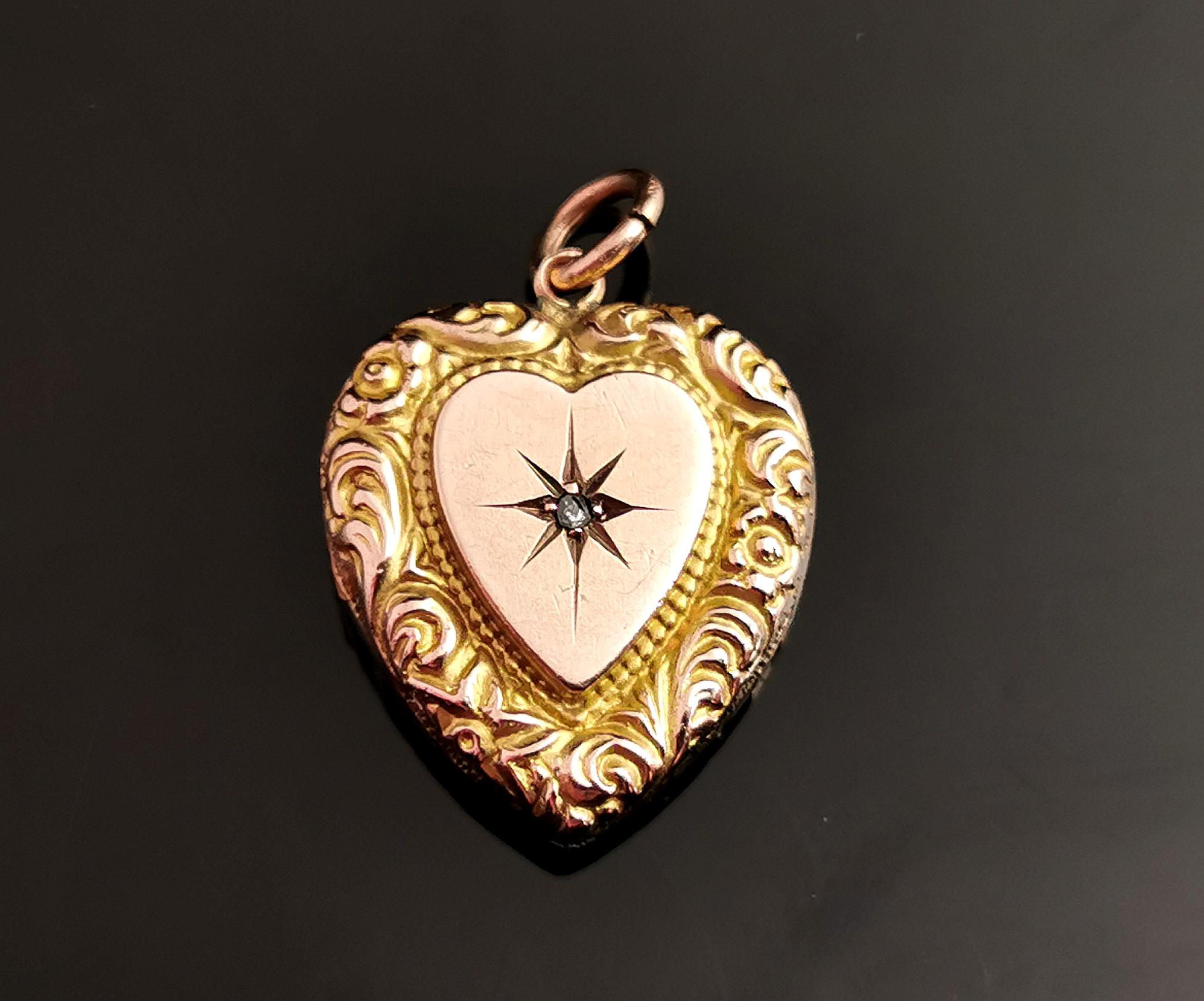 A sweet little antique diamond heart pendant.

It is a hollow puffy style heart with heavy engraved borders and a smooth polished centre, the centre of the heart features a single gypsy it star set, rose cut diamond.

It has a locket back, currently