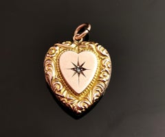 Antique Diamond Heart Pendant, 9k Yellow Gold, Locket Back