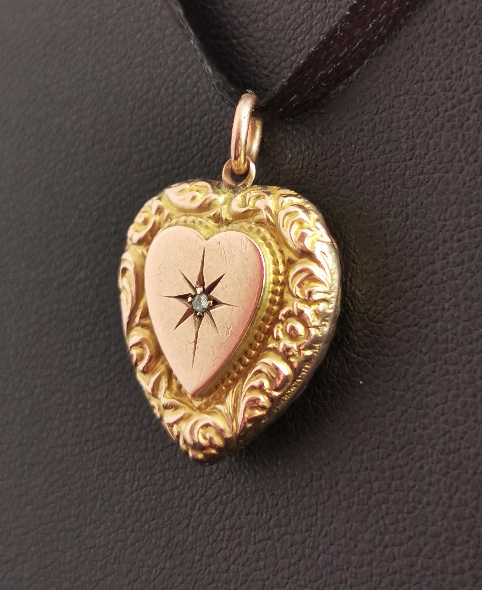 Victorian Antique Diamond Heart Pendant, 9k Yellow Gold, Locket Back 