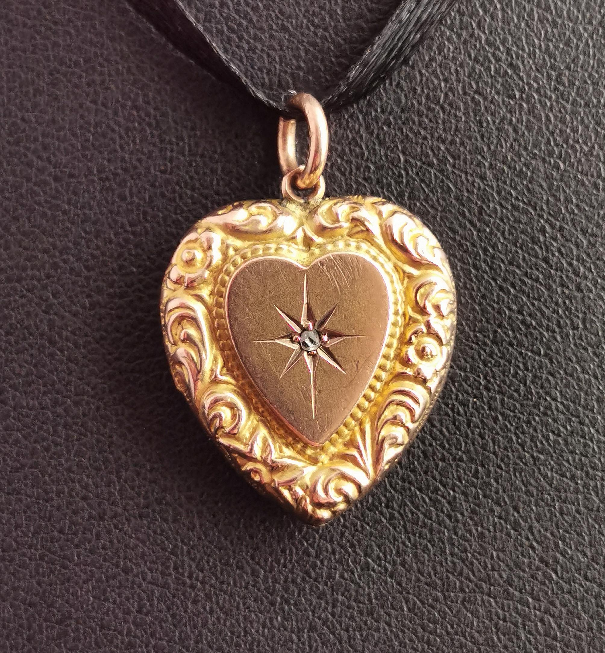 Women's Antique Diamond Heart Pendant, 9k Yellow Gold, Locket Back 