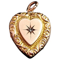 Antique Diamond Heart Pendant, 9k Yellow Gold, Locket Back