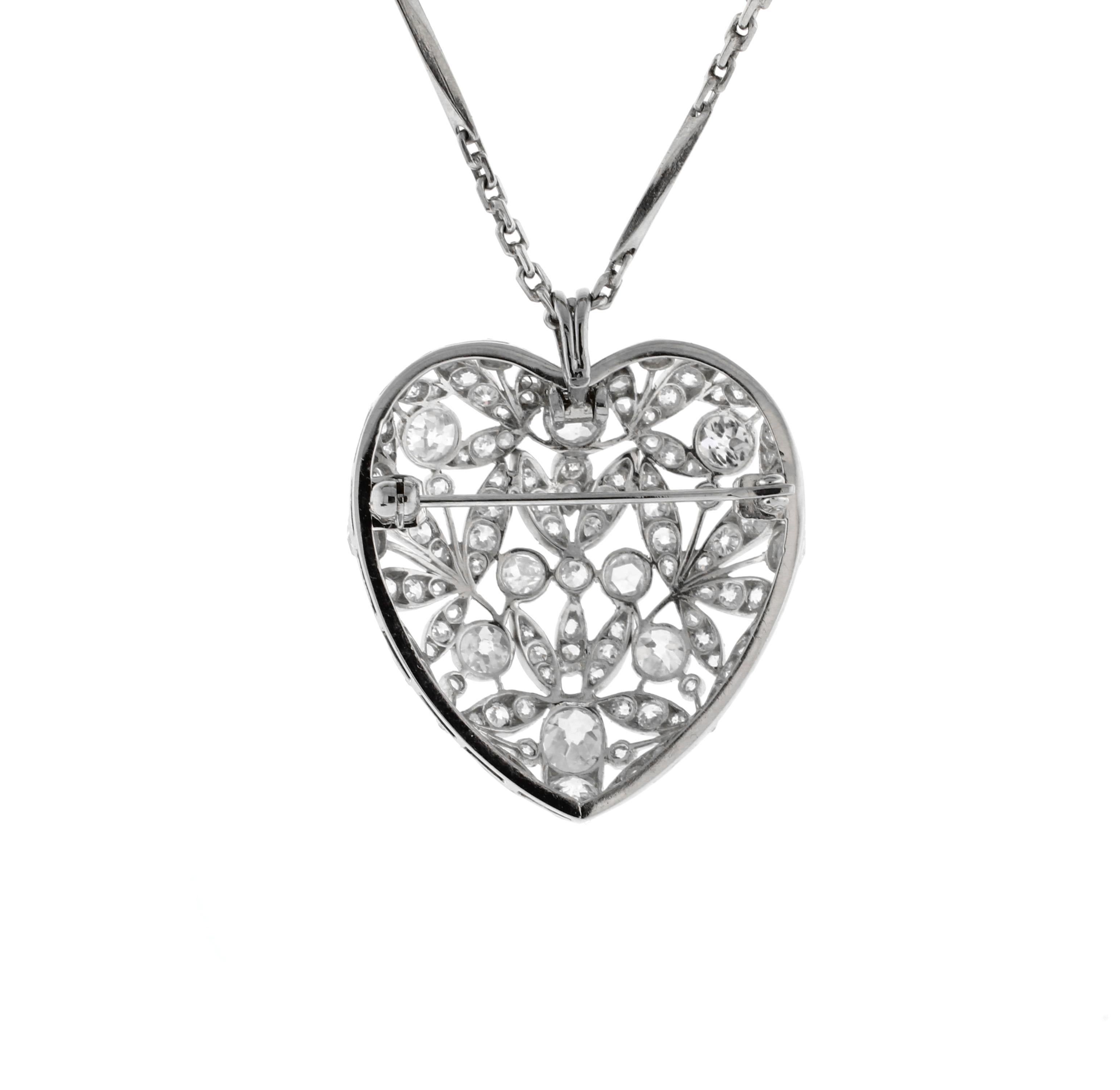 Belle Époque Pendentif et broche anciens en forme de cœur en diamant en vente