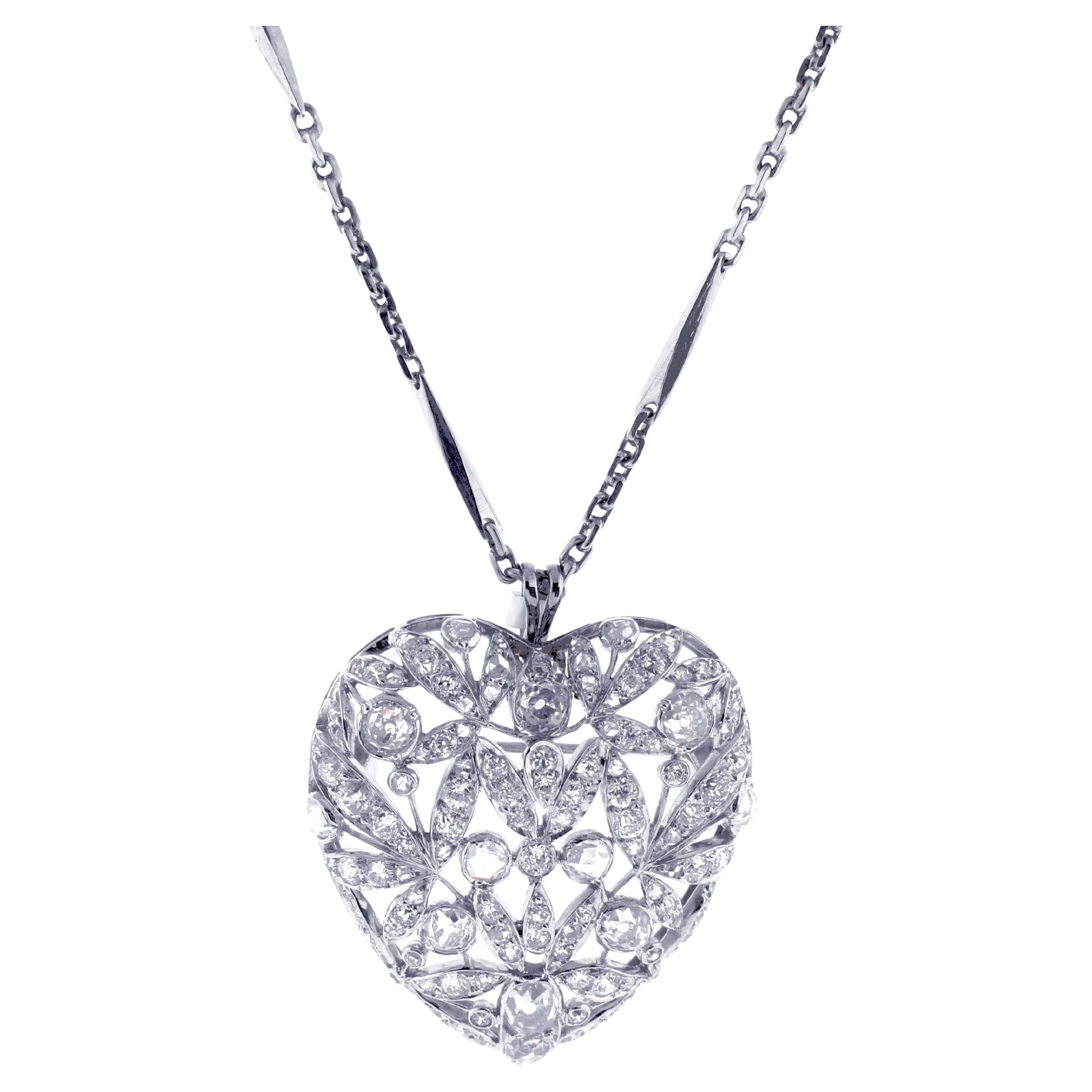Pendentif et broche anciens en forme de cœur en diamant