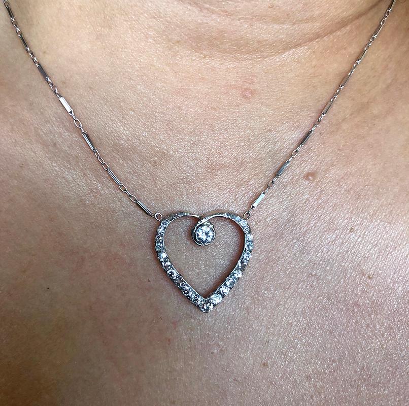 Old European Cut Antique Diamond Heart White Gold Necklace For Sale