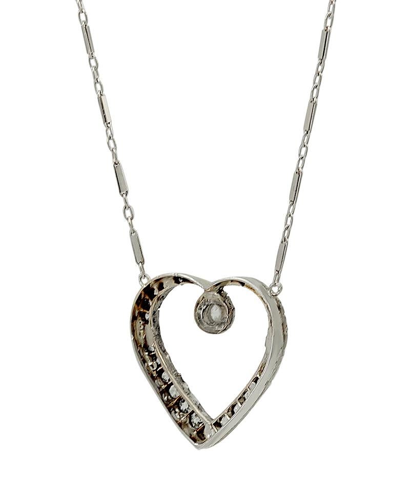 Women's Antique Diamond Heart White Gold Necklace For Sale