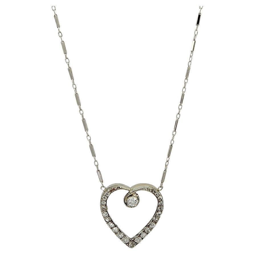 Antique Diamond Heart White Gold Necklace For Sale