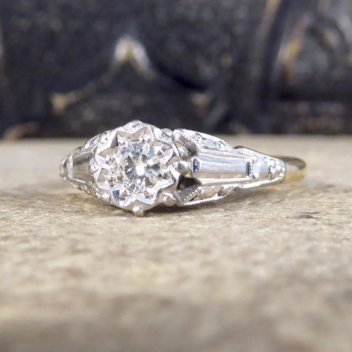 Antique Diamond Illusion Set Solitaire Ring with Detailed Shoulders in 18ct Yell In Good Condition In Yorkshire, West Yorkshire