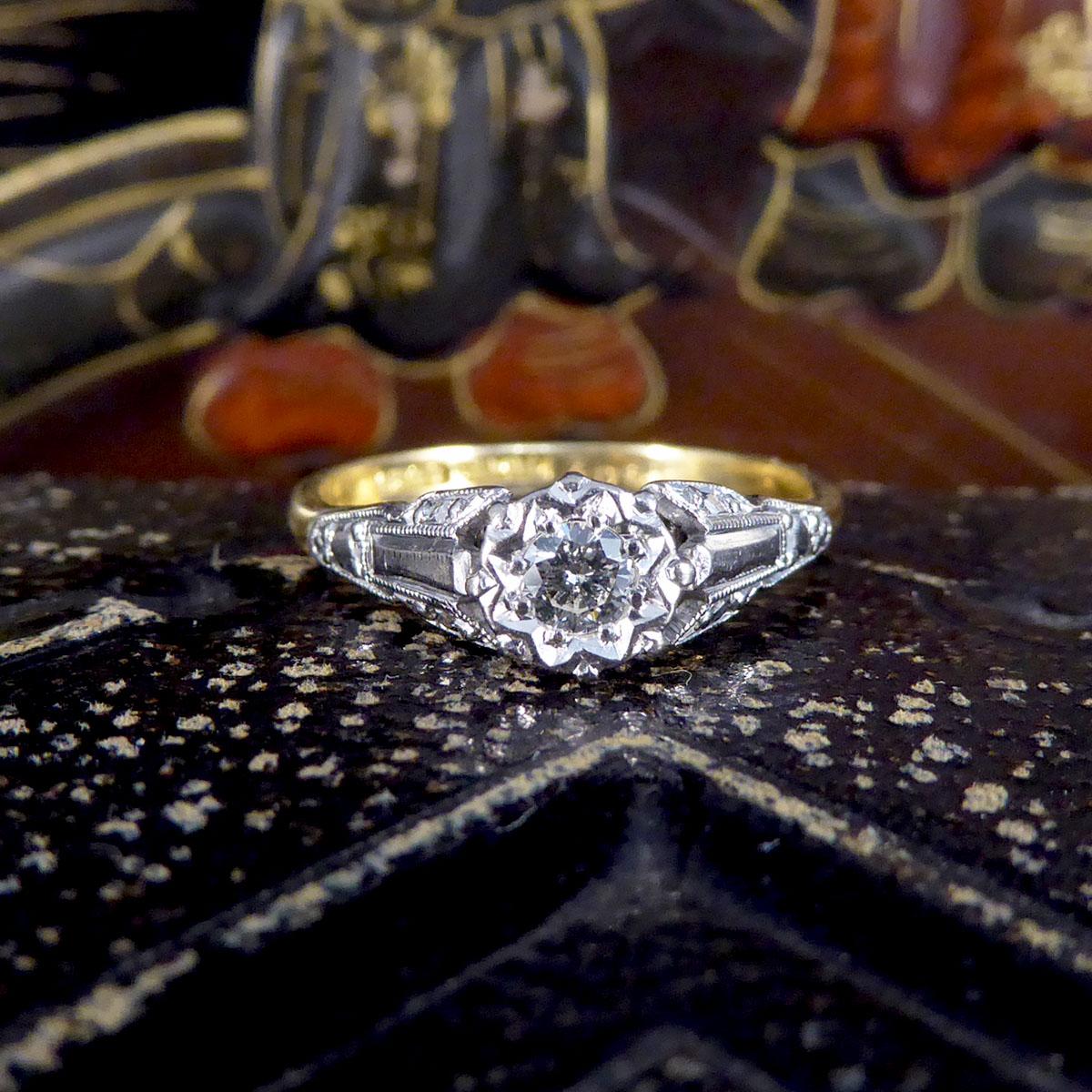 Antique Diamond Illusion Set Solitaire Ring with Detailed Shoulders in 18ct Yell 2