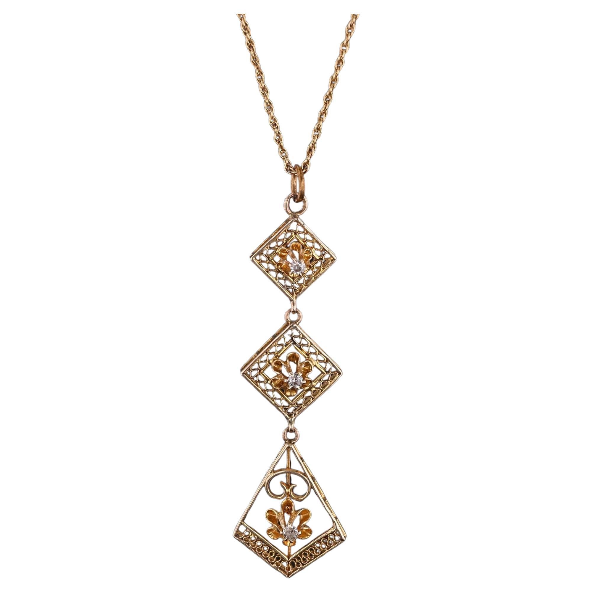 Antique Diamond Lavalier Necklace of 14k Gold