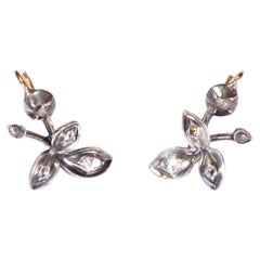 Antique Diamond Leaf Earrings in Gold and Silver, French Regional Earrings