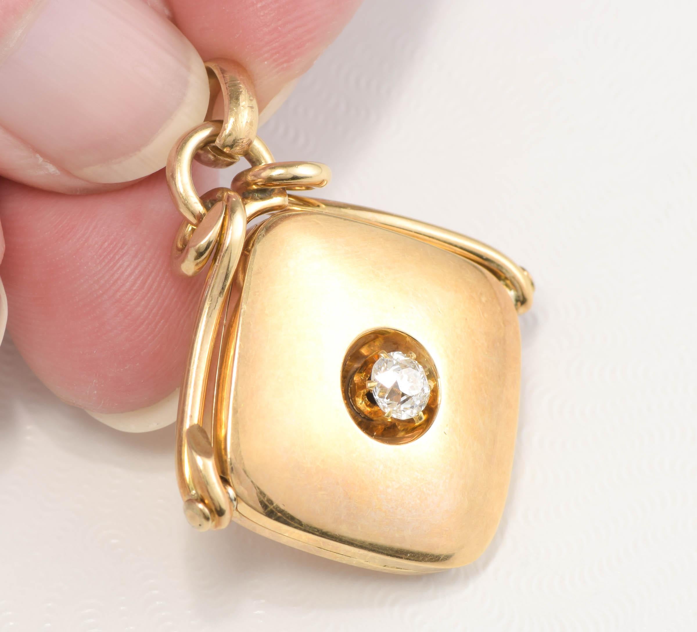 Antique Diamond Locket Fob Pendant, 14K Gold with .32ct Old European Cut Diamond 6