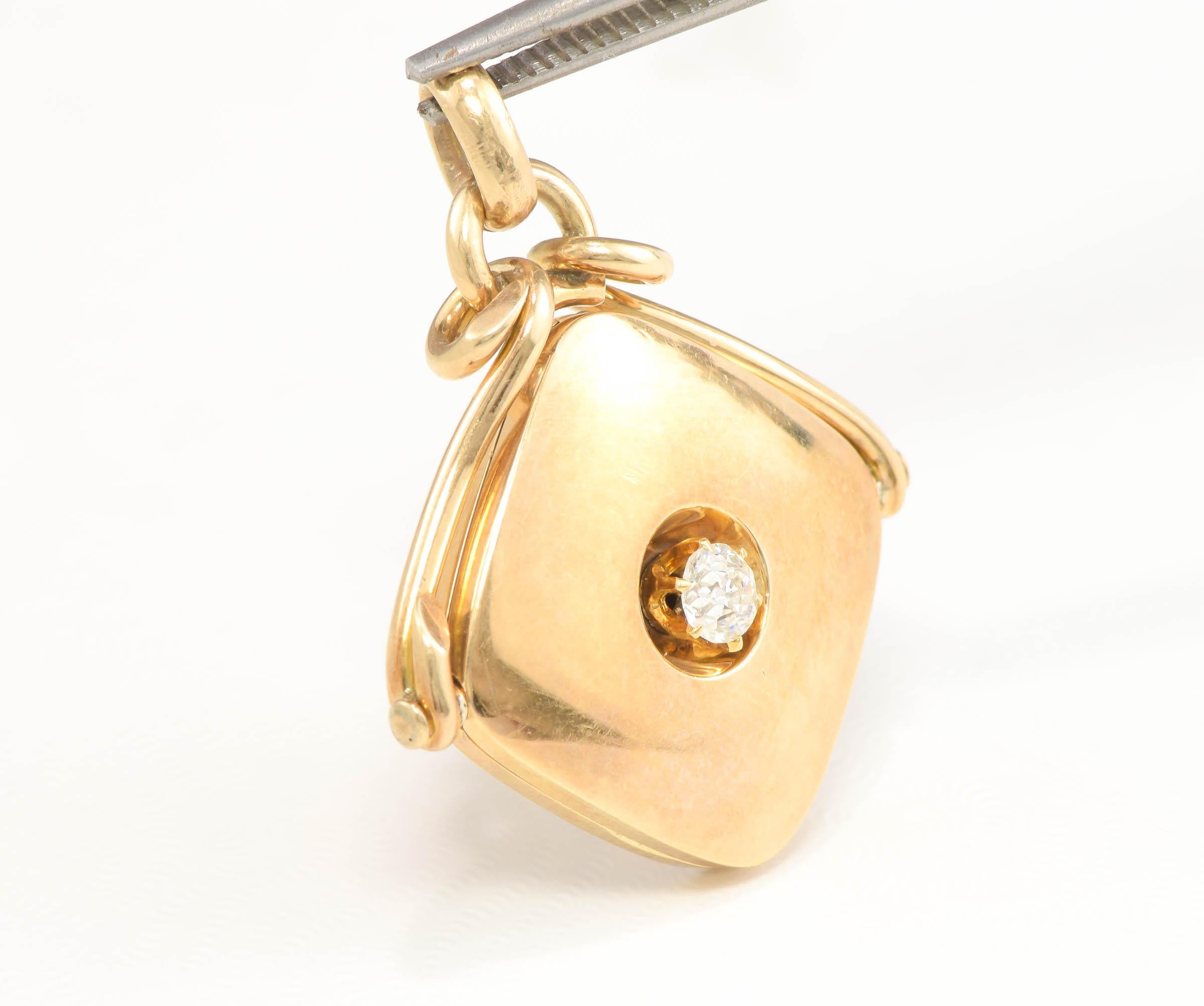 Antique Diamond Locket Fob Pendant, 14K Gold with .32ct Old European Cut Diamond 7