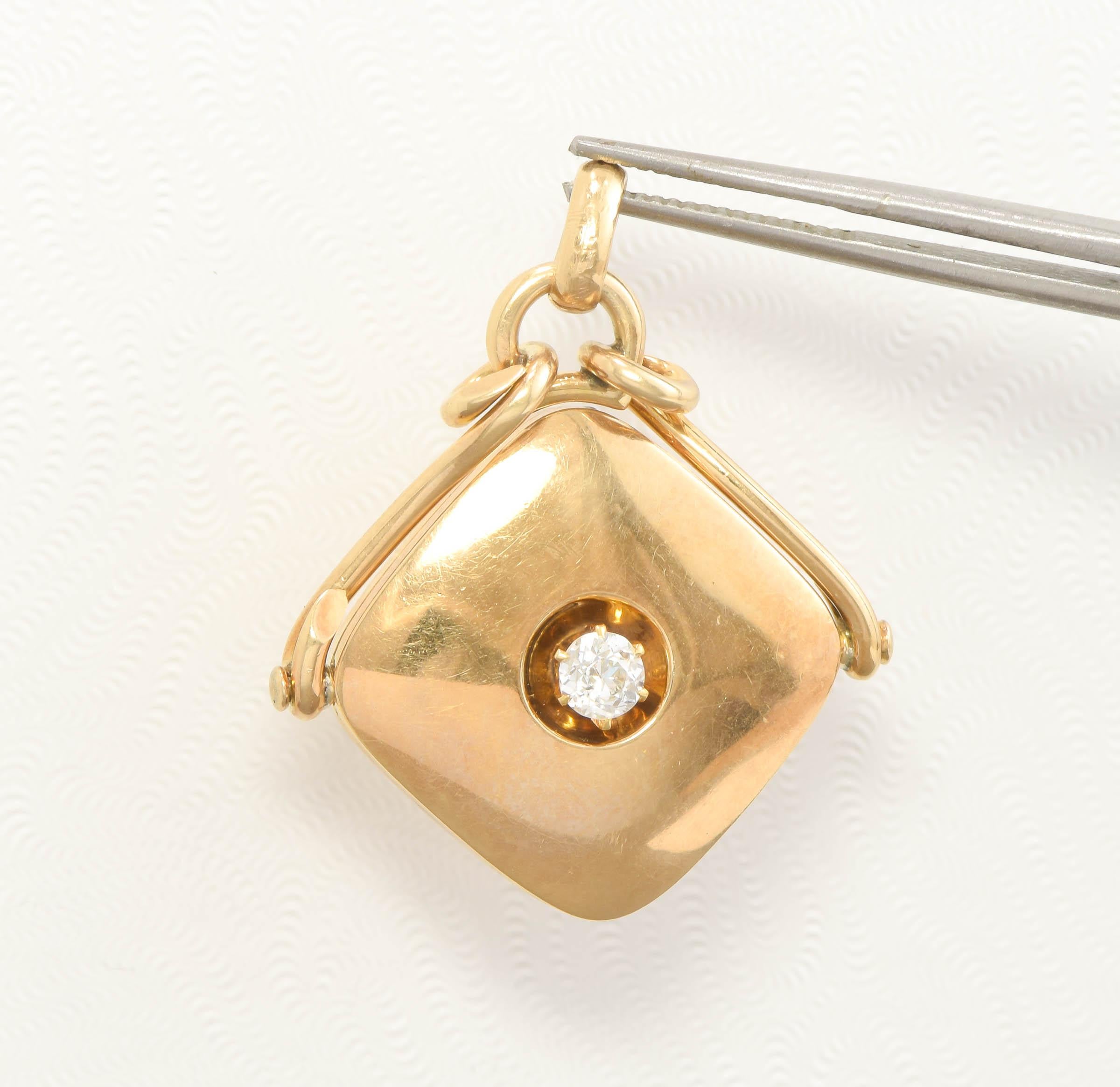 Antique Diamond Locket Fob Pendant, 14K Gold with .32ct Old European Cut Diamond 8